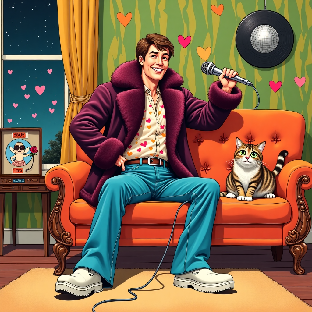 For this cheeky, Young Gravy-inspired Valentine's Day greeting card, imagine a dynamic, whimsical scene set in a retro 1970s-style living room, blending elements of Norman Rockwell's detailed narrative style with Quentin Blake's playful linework.

At the center of the illustration is a charismatic young man, embodying a Young Gravy persona with his signature cheeky charm. He sports a flamboyant, oversized fur coat in a deep, plush burgundy with exaggerated, fluffy collars and cuffs. His bell-bottom jeans are a vivid cobalt blue, and a disco ball-patterned silk shirt peeks through the open coat, shimmering with hues of silver and pink. On his feet, a pair of white platform shoes, their soles adorned with glitter, catch the light.

He is playfully holding a vintage microphone, the cord curling like a whimsical snake across a shag carpet. The microphone is shiny chrome, with retro details and a red heart sticker affixed to its side. In his other hand, he holds a single red rose with exaggerated, velvety petals and an elongated, comically thorny stem.

Behind him, a classic 1970s orange velvet couch with ornate wooden legs and button-tufted backrest anchors the scene. On the couch, a plump, tabby cat is lounging, its tail lazily flicking, its expression bemused. The wallpaper is a funky geometric pattern in shades of avocado green and mustard yellow, reminiscent of Aubrey Beardsley’s intricate designs.

The floor is a rich, polished mahogany, where a playful shadow play can be seen, with elongated heart shapes created by the scene's lighting. Hanging from the ceiling is a small disco ball, casting scattered, dancing reflections across the room in shades of pink and gold, echoing Maxfield Parrish’s dramatic use of light and shadow.

In the corner, an old-school record player spins a vinyl record, the label featuring a cupid with oversized sunglasses, hinting at the cheeky tone of the card. The open window reveals a glimpse of a starry night sky, drawn with Edward Gorey-like intricacy, where tiny, twinkling stars in varying sizes twinkle in clusters, adding depth and contrast to the indoor setting.

Above the scene, in flowing, hand-drawn letters with a slight retro tilt, the phrase "Gravy Love" arches across the top, playfully integrating with the disco ball's shimmer. This illustration balances retro charm with playful modernity, capturing the cheeky essence of a Young Gravy-inspired Valentine's Day.
Generated with these themes: Cheeky yung gravy inspired, and .
Made with ❤️ by AI.