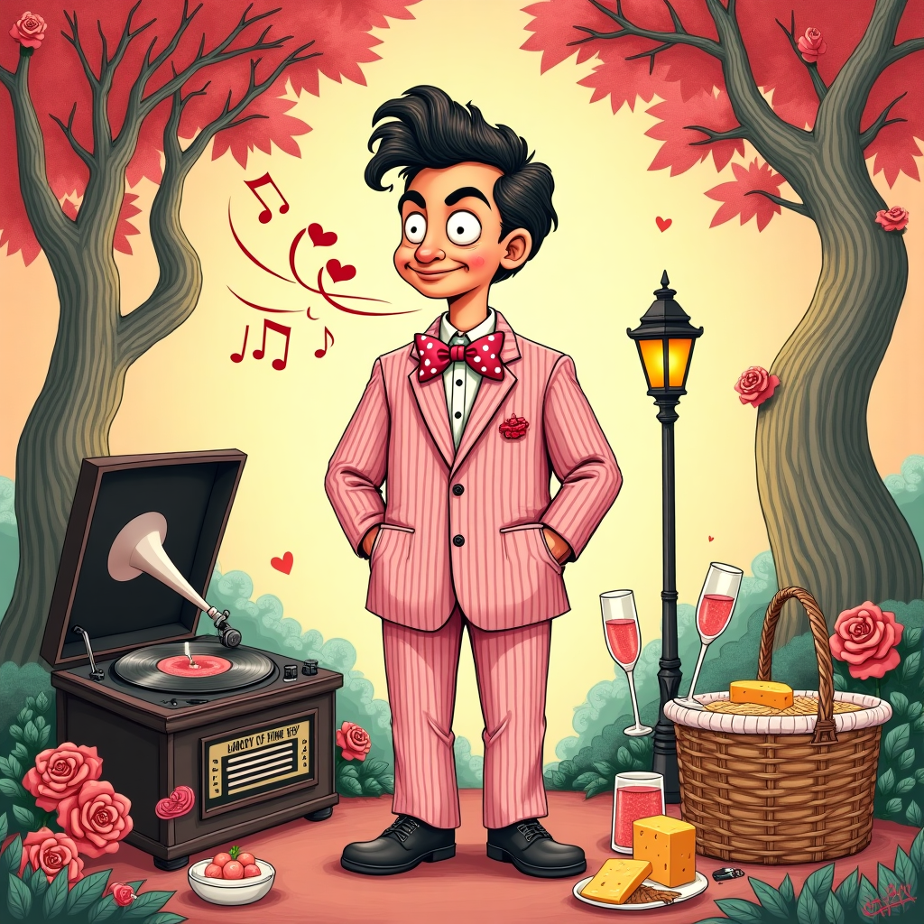 Title: "Gravy of Love"

Foreground: In the center, a charismatic, cheeky character inspired by Yung Gravy takes the stage. He is a whimsical, cartoonish figure with exaggerated features, like an elongated face, pronounced eyebrows, and a cheeky grin. He sports a classic vintage outfit with a twist: a pinstriped suit in a playful pastel pink, complete with a flamboyant heart-patterned bowtie. His hair is styled into a gravity-defying pompadour, reminiscent of rockabilly flair, adding a touch of nostalgia.

Objects: Surrounding this central figure, a medley of vintage and quirky objects contribute to the scene. On one side, a retro phonograph spins a record labeled "Gravy Love Mix," with whimsical musical notes swirling upwards, illustrated in a delicate, Beardsley-esque style. On the other side, a picnic basket overflows with heart-shaped sandwiches, champagne flutes filled with bubbly pink liquid, and a decadent fondue pot drizzling cheese, adding a cheeky nod to the indulgent theme.

Background: The backdrop is an intricate, stylized garden setting, reminiscent of Maurice Sendak's lush illustrations. Towering, whimsical trees with twisted trunks and heart-shaped leaves arch over the scene. Delicate, ethereal vines curl around the trees, adorned with blooming roses in soft shades of pink, red, and white. A quaint, vintage-inspired lamppost casts a warm, golden glow over the scene, its light gently illuminating the character and objects below.

Color Palette: The color scheme blends soft pastels with warm, vibrant hues. Pinks and reds dominate the foreground, accented by hints of mint green and sky blue in the background. A gradient of warm golden yellows and rich browns highlights the details, while black ink lines provide contrast and define the scene, echoing Edward Gorey's expressive, intricate style.

Overall Composition: The illustration is framed by an ornate, swirling border of roses and musical notes, giving it an elegant, classic touch inspired by Maxfield Parrish's compositions. The combination of intricate details and playful elements creates a dynamic and captivating scene, inviting viewers to explore the delightful, cheeky world of "Gravy of Love."
Generated with these themes: Cheeky yung gravy inspired, and .
Made with ❤️ by AI.