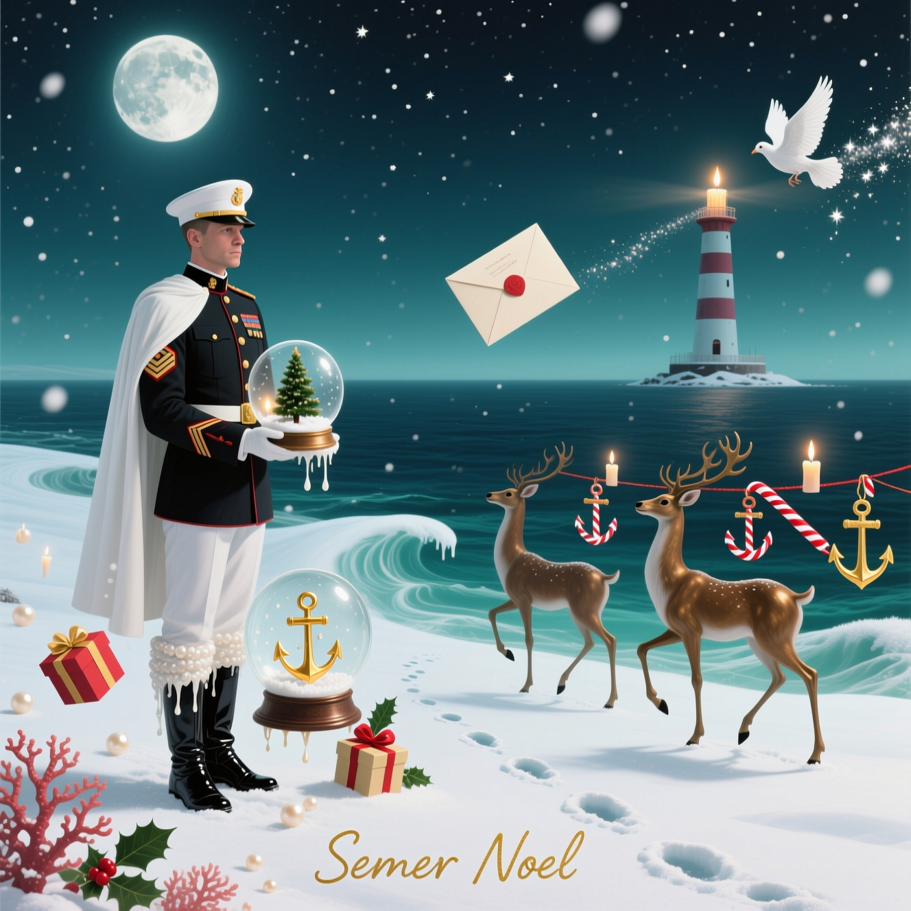 At the top of the Surreal Style image, Brother

Vertical, dreamlike surrealism (Dali-inspired), sincere and tender. A vast moonlit snowscape dissolves into a calm navy ocean; the snow curls like soft taffy waves and drips little pearls of starlight. Center-left stands a solitary Marine in a sleek ceremonial dress uniform (no insignia or logos), white cover gently tilted, calmly holding a small snow globe. Inside the globe: a tiny evergreen shaped like an anchor glowing candle-gold; the glass melts into a pearlescent wave that wraps his polished boots and becomes floating gift boxes and holly leaves that morph into coral. Long-legged bronze reindeer stride across the horizon on spindly, elegant legs, carrying anchor-shaped ornaments that dangle from candy-cane ribbons stretched taut like crimson-and-cream constellations. A lighthouse that is also a candle rises in the distance, its flame a guiding star; a folded letter from home unfurls midair into a white dove, leaving a soft trail of glittering frost. Two sets of footprints in the snow converge peacefully near the figure. Ethereal rim light, soft candle highlights, cool teal shadows, gentle snowfall bokeh; palette of deep navy, sea-glass teal, pearl white, cranberry red, and warm gold. Low-angle, elongated perspective, negative space for serenity. No weapons, no violence, no specific military emblems.

At the bottom in small warm-gold handwritten script, a single line: Semper Noel.
Generated with these themes: Marines, and .
Made with ❤️ by AI.