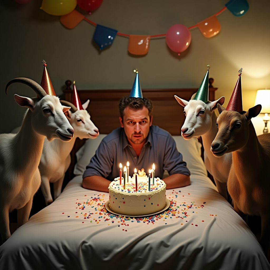 At the top of the realistic photograph image, "Aaron, you’re officially too old for this sheet!"

Realistic photograph prompt:  
A middle-aged man (resembling Aaron) in a dimly lit bedroom is startled awake by a group of goats dressed in colorful birthday hats and blowing party horns, standing around his bed like it’s a surprise party. The goats are chewing wrapping paper and one is trying to eat a balloon. The man’s expression is a hilarious mix of confusion and resignation. A large, poorly decorated birthday cake sits awkwardly on the nightstand, already missing a slice — clearly nibbled by a goat. Balloons and banners dangle lopsidedly from the ceiling. Everything looks candid, like an unplanned moment snapped with a phone camera in the chaos of the goat party.
Generated with these themes: anything.
Made with ❤️ by AI.