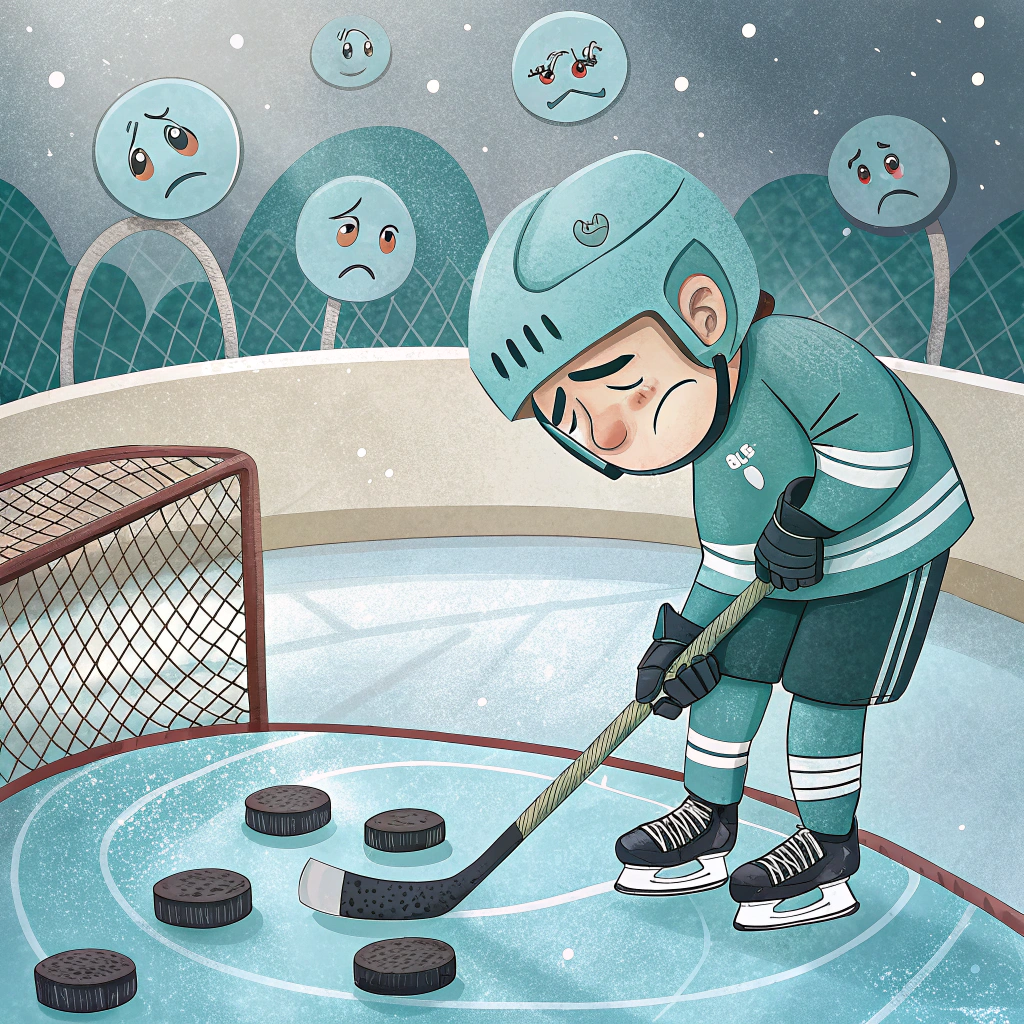- In the center of the image, illustrate a cartoonishly exaggerated hockey rink, complete with boards and goal nets.

- On the rink, depict a forlorn-looking hockey player slumped over his stick, with a sad, comically oversized teardrop hovering above his head.

- Surrounding the player, include several animated ice pucks with sympathetic facial expressions, as if they are offering consolation.

- In the corner, illustrate a zamboni with a frowny face, as if it's sympathetically smoothing the ice for the player's rough day.

- The crowd in the stands should be filled with animals dressed as fans, like a penguin holding a "Better Luck Next Time" sign, and a polar bear waving a foam finger.

- Above the rink, show a whimsical banner that reads, "Even Hockey Pucks Have Bad Days!"

- The background should be a stylized hockey arena, with colorful lights and banners hanging from the ceiling, creating a playful and supportive atmosphere.
Generated with these themes: Sad hockey.
Made with ❤️ by AI.