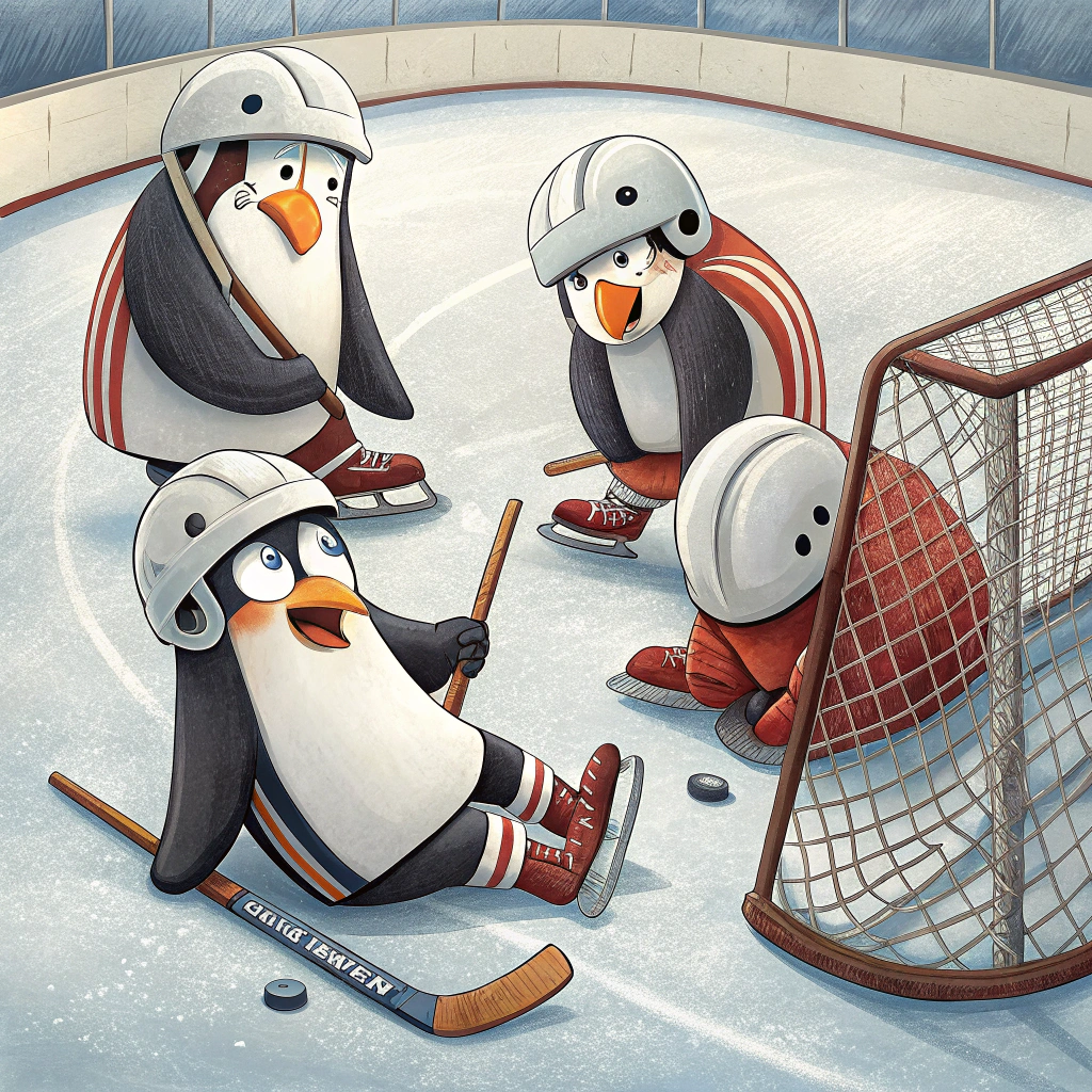 - Illustrate a hockey rink in the center, but instead of players, feature a group of penguins dressed in hockey gear. Each penguin is wearing oversized helmets and comically large skates, slipping and sliding across the ice with exaggerated expressions of confusion and clumsiness.

- One penguin is sprawled flat on its belly, holding a hockey stick that has snapped in half, with a dramatic look of surprise on its face.

- Another penguin is tangled in the goal net, its flippers sticking out in a cartoonish display of disarray, and a puck comically stuck to its beak.

- In the background, illustrate a zamboni driver who's also a penguin, asleep at the wheel, causing the zamboni to slowly spin in circles.

- Above the rink, have a whimsical banner strung across the scene that reads, "When Life Hands You a Power Play, Sometimes You Just Gotta Laugh."

- The setting is inside an ice arena, with exaggerated and colorful audience members (also penguins) in the stands, some holding signs that read, "Hang in there!" and "We believe in you!"

- The overall color palette should be bright and cheerful, with the cold blues of the ice contrasting against the warm colors of the penguin crowd.
Generated with these themes: Sad hockey.
Made with ❤️ by AI.