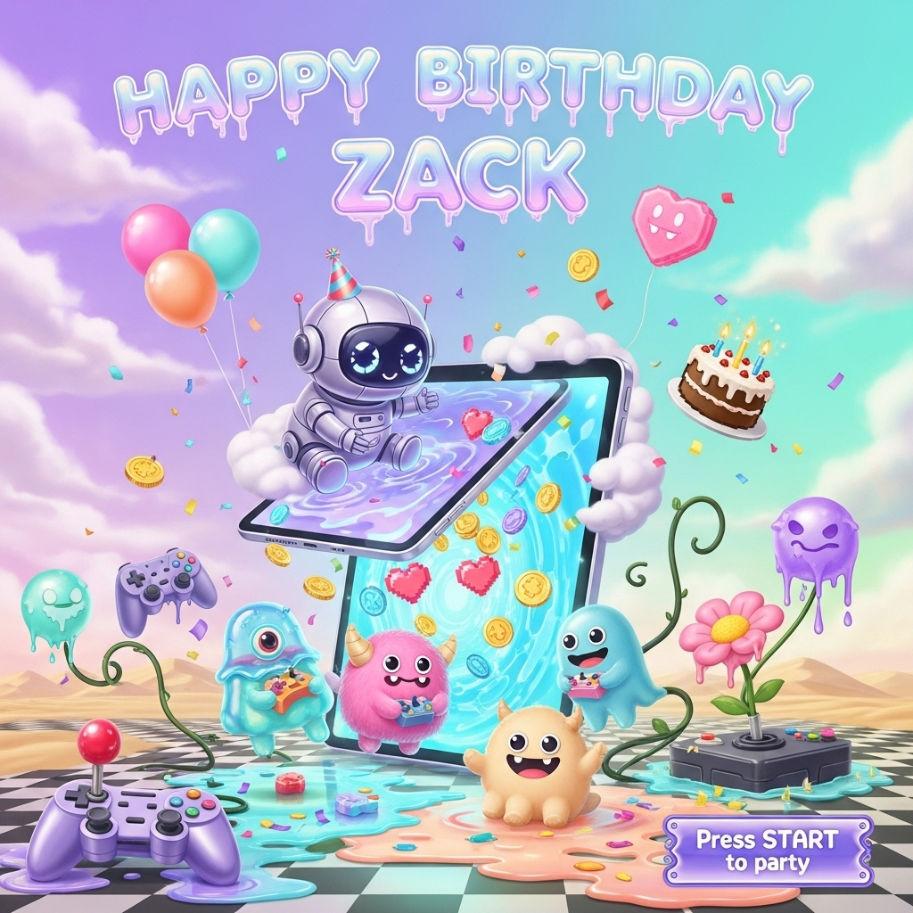 At the top of the Surreal Style image, “Happy Birthday Zack” in iridescent bubble letters shaped like game buttons, softly glowing and gently melting

Dreamlike, Dali-inspired cute surrealism: a chubby, glossy baby robot with big twinkly eyes and a tiny party hat sits atop a floating cotton-candy cloud, hugging an oversized iPad whose liquid screen ripples like a portal. From the glowing tablet spill pixel hearts, retro arcade coins, and confetti sparkles; three adorable plush monsters tumble out—one jelly cyclops, one fuzzy horned puff, and one gummy ghost—each clutching a tiny joystick and grinning. Melted game controllers drape over drifting checkerboard dunes; a joystick blooms like a flower; curly controller cables twist like vines. A pastel sky gradient (lavender to aqua) bathes everything in ethereal, pearlescent sunbeams and soft volumetric glow. Add a tiny pixel-styled birthday cake hovering near the portal with candlelight that casts star-shaped highlights. Colors are cotton-candy pink, mint, baby blue, lilac, and peach; plush and glossy candy textures; kawaii expressions; gentle bounce light, rim glow, soft bloom. Composition: large central iPad and robot, friendly monsters surrounding, confetti and heart balloons drifting upward, ample airy space around the top text. Add one small playful caption on a floating 8-bit ribbon near the bottom: “Press START to party!” High detail, painterly illustration, melting shapes, otherworldly landscape, cute and whimsical, dreamy focus, 4k.
Generated with these themes: Ipad, Robot, , Gaming, Monster, and .
Made with ❤️ by AI.
