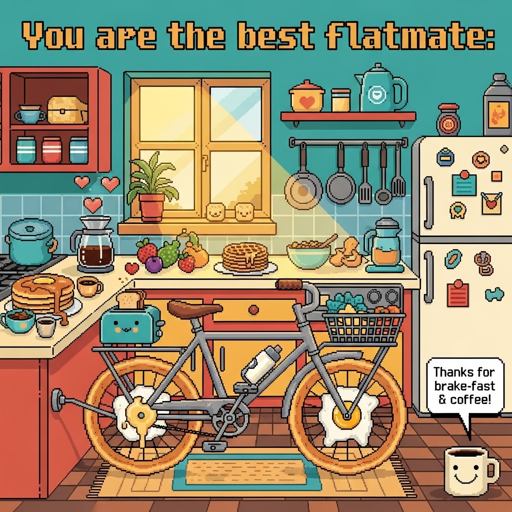 At the top of the Pixel Art Style image, “You are the best flatmate” in big chunky 8-bit pixel text, centered.

Crisp 8-bit pixel art with a vibrant limited palette (teal, mustard, coral, espresso brown, cream, sky blue), chunky square pixels, nostalgic video-game charm. Interior morning scene in a cozy shared apartment kitchen at breakfast time: warm pixel sunlight beams through a window onto a comically modified bicycle parked by the kitchen island. The bike doubles as a breakfast-and-coffee rig—pancake wheels with butter-pat hubs and syrupy spokes, a fried-egg bell on the handlebar, a steaming coffee mug slotted into the bottle cage, and the rear wheel powering a toaster on the rack that pops pixel toast into a basket. On the counter: a drip coffee pot puffing pixel-steam hearts, a stack of waffles, a cereal bowl, fruit. Checkered kitchen floor; a small rug styled like a mini road under the bike; hanging pans, a plant on the windowsill, and a spotless pixel fridge with colorful magnets (no extra text). Playful, funny mood; clean outlines, dithered shadows, oversized pixel highlights.

At the bottom-right, a tiny pixel speech bubble from a smiling coffee mug reads: “Thanks for brake-fast & coffee!”
Generated with these themes: Breakfast, Coffee, Biking, Interior, and .
Made with ❤️ by AI.