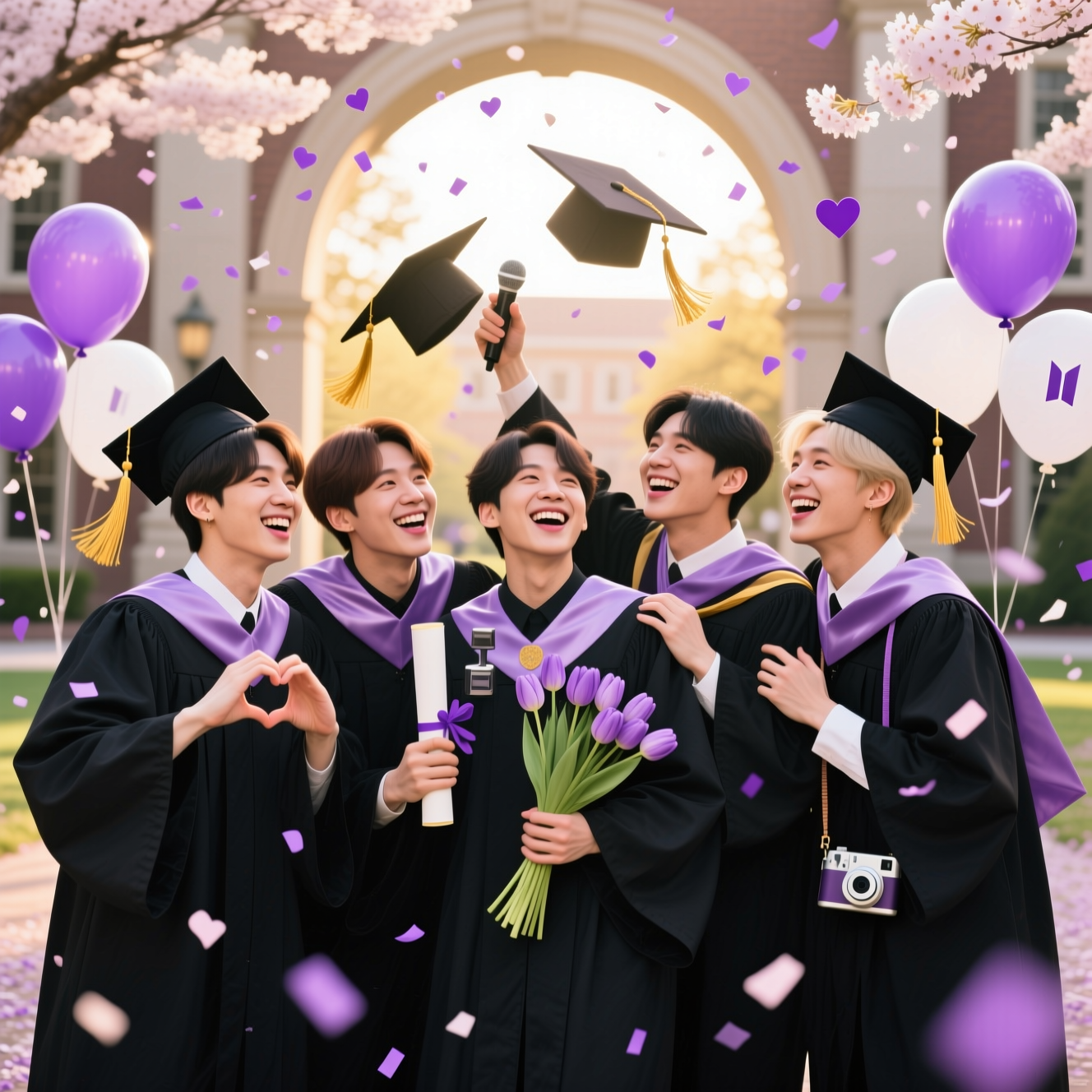 At the top of the Photorealistic picture taken from a camera image, Congratulations David

Ultra-high-definition 4K UHD, photorealistic candid group portrait of BTS celebrating a graduation: Jimin, Jungkook, Jin, J-Hope, Suga, Kim Namjoon (RM), and Kim Taehyung (V) in sleek black graduation gowns with soft lavender satin stoles, mortarboards with gold tassels, standing close in a cheerful group hug, mid-laugh, tossing caps and purple confetti hearts. Golden hour sunlight filters through campus cherry blossoms, gentle lens flare, creamy bokeh background of a university courtyard archway and balloons in BTS-purple and white. Cute touches: Jimin making finger-hearts, Jungkook playfully holding a rolled diploma like a microphone, Jin cradling a small bouquet of lilac tulips, Suga tossing his cap with a gummy smile, J-Hope releasing a handful of confetti, RM adjusting his stole while grinning, V flashing a boxy smile with a small instant camera slung at his side. Lifelike skin textures, crisp gown fabric, reflective highlights on tassels, accurate lighting and rich depth of field. Shot on a 50mm prime at f/2.2, ISO 200, 1/500s; soft, warm color grading, natural shadows, clean high dynamic range. Subtle purple and gold palette for a cute, celebratory mood. Small caption near the bottom: Degree? Mic drop.
Generated with these themes: BTS, Graduation , Jimin, Jungkook, Jin, Jhope, Suga, Kim namjoon, Kim taehyung, and .
Made with ❤️ by AI.