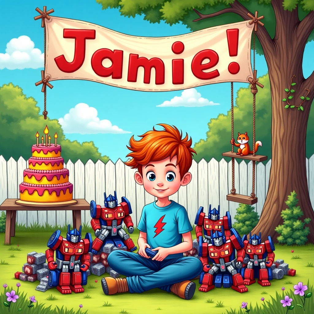 In the center of the card, picture a vibrant and whimsical birthday scene bustling with activity. At the heart of the scene is a red-haired boy, about 8 years old, surrounded by a small mountain of intricately detailed Transformers in mid-transformation. Each Transformer is vividly colored—bold reds, electric blues, striking silvers, and vibrant yellows—each seemingly in action with gears turning and parts clicking into place.

The boy, wearing a sky-blue t-shirt with a small red lightning bolt insignia, sits cross-legged on a grassy patch. His hair is a fiery red, wavy and wild, reminiscent of autumn leaves. His face is a picture of intense concentration, his eyes wide as he carefully maneuvers a Transformer into its final robot form.

Behind him, the backdrop is a tapestry of a suburban backyard, lush and lively with overgrown grass and a few dandelions peeking through. A tall oak tree, rendered in detailed pencil lines, towers over the scene, its leaves casting playful shadows. Swinging gently from one of its sturdy branches is a simple tire swing, its rope taut and textured.

On the right-hand side, a white picket fence stretches along the border, its posts crooked and endearing, topped with climbing morning glories that bloom in pastel purples and blues. Perched upon the fence is a cheerful squirrel, clutching a half-eaten acorn, peering curiously at the festivities below.

A picnic table, to the left, is laden with a cartoonish, oversized birthday cake adorned with Transformer-themed decorations. Its layers are colored in bright fondant hues of red, blue, and silver, echoing the vibrant palette of the Transformers. Candles shaped like miniature robot parts stand ready to be lit.

Above the scene, in the azure sky, fluffy white clouds are drawn with a hint of whimsy, and a large, colorful banner unfurls across the expanse. The banner is fashioned from patchwork cloth with vibrant reds, yellows, and blues, and emblazoned across it in bold, quirky lettering is the name "Jamie." The letters seem to pop out as if they were part of a comic strip, each one a different color to match the joyful chaos below.

This scene, teeming with life and energy, brings a playful narrative that would delight any child with a love for robots and adventure, capturing a snapshot of a perfect birthday moment.
Generated with these themes: Red haired boy with lots of transformers.
Made with ❤️ by AI.
