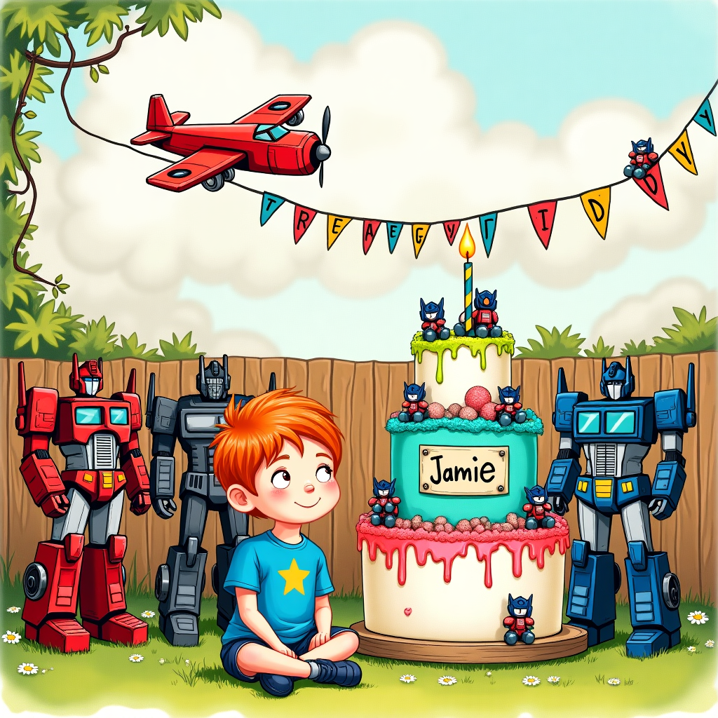 Red haired boy with lots of transformers Birthday Card