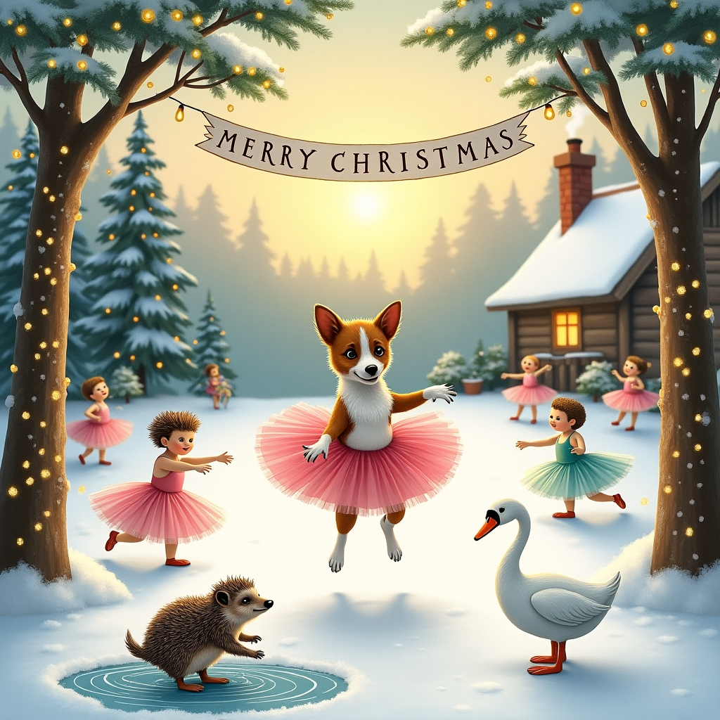 In the center of this whimsical Christmas card scene, a Jack Russell Terrier is captured mid-leap, sporting a pink tutu that billows around its energetic figure. Its eyes are bright and mischievous, ears perked in excitement as it twirls gracefully on its hind legs. Beside it, a hedgehog, also adorned in a tiny, pastel-colored tutu, stands on its hind paws, striking a delicate ballet pose with surprising poise. Nearby, a swan, elegant in a tutu of icy blues and silvers, glides effortlessly on a small pond that glistens under twinkling fairy lights. Encircling these charming characters, a quartet of human ballet dancers perform the classic Cygnet dance, their tutus shimmering under the gentle glow of the setting sun. Above this enchanting spectacle, suspended between two pine trees dusted with snow, is a festive banner reading "Merry Christmas Mum and George," crafted from shimmering gold letters that catch the light. In the background, a cozy cottage with smoke curling from its chimney nestles among snow-laden trees, completing the magical tableau.
Generated with these themes: Jack Russel dog wearing tutu dancing, Hedgehog wearing tutu dancing, Swan wearing tutu dancing, Ballet dancers doing the Cygnet dance, and Banner with Merry Christmas Mum and George.
Made with ❤️ by AI.