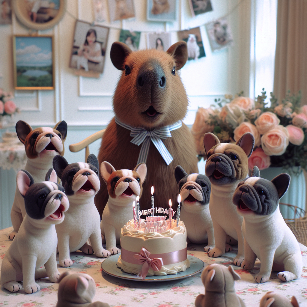 Imagine a quaint birthday setting where a group of French bulldogs are gathered. These little dogs are singing a harmonious birthday song, their voices creating a surprisingly beautiful melody. At the center of the scene sits a plush, realistic capybara. It is adorned with a festive ribbon, acting as the overseer of the celebration. The surrounding decor is understated yet delightful, encapsulating the essence of a joyous, animal-themed birthday party.
Generated with these themes: Capybara , French bulldog, and Singing.
Made with ❤️ by AI.