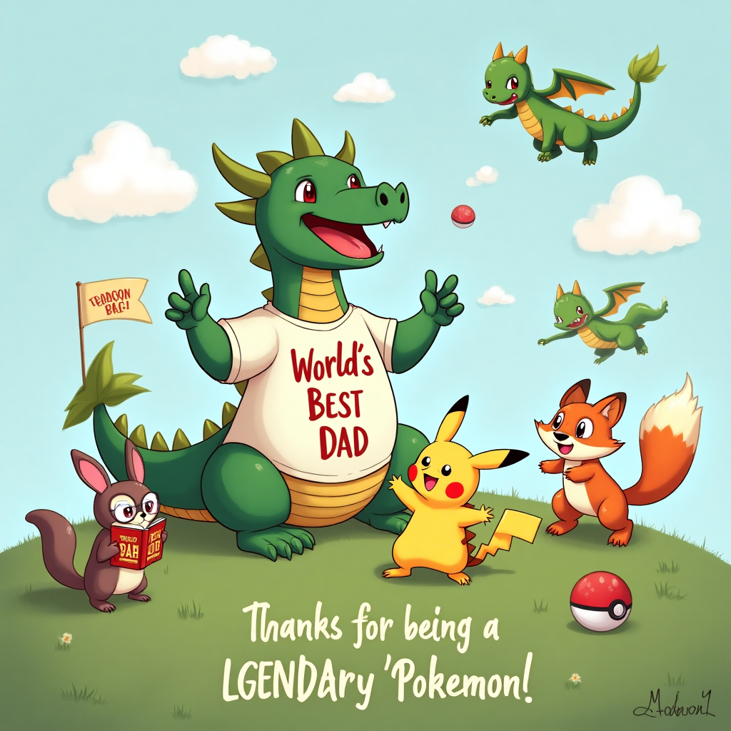 At the top of the Illustration Style image, include the text: "Happy Fathers Day".

**Image Prompt:**

A whimsical scene featuring a friendly, cartoon-style dragon dressed in a comically oversized "World's Best Dad" t-shirt, sitting comfortably on a grassy hill. The dragon is enthusiastically trying to catch a Pikachu, who is playfully dodging around its feet, with an expression of playful mischief. Surrounding them are cute animals: a squirrel wearing tiny glasses reading a "How to Train Your Dragon" book, a bunny with a tiny "Go Dad!" flag, and a fox trying to balance a Pokéball on its nose. The sky is filled with fluffy, exaggerated clouds, and in the distance, a few more dragons can be seen flying with their own baby dragons, creating a light-hearted, playful atmosphere. Below the main image, in a fun, hand-drawn font, the caption reads: "Thanks for being a LEGEND(ary Pokémon)!"
Generated with these themes: Pokemon, dragons, cute animals, and .
Made with ❤️ by AI.
