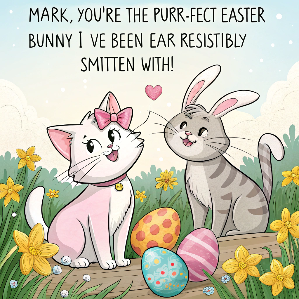 At the top of the image, "Mark, you're the purr-fect Easter bunny I’ve been ear-resistibly smitten with!"

– Illustrate a humorous, whimsical scene of two cartoon cats sitting in a sunny spring meadow full of colorful Easter eggs and daffodils. Both cats wear oversized bunny ears on their heads—one pink and frilly for the female cat, the other crooked and goofy on the male cat. They're leaning in with dreamy eyes, whiskers slightly tangled as they “nose-boop” under a romantic arch made of pastel Easter eggs and tulips.

– The male cat has a tiny bow tie and is holding a chocolate bunny behind his back as a surprise, while the female cat blushes, paws covering her mouth in dramatic adoration.

– In the background, a small Easter calendar peeks from the grass with the Easter date circled in bold pink.

– Add subtle sparkly heart-shaped bubbles floating around them, with a butterfly or two adding a gentle springtime feel.
Generated with these themes: Two cats in love wearing bunny ears for Easter. One cat is male, the other one is female. Show that these cats are really in love and romantic. Easter date. .
Made with ❤️ by AI.