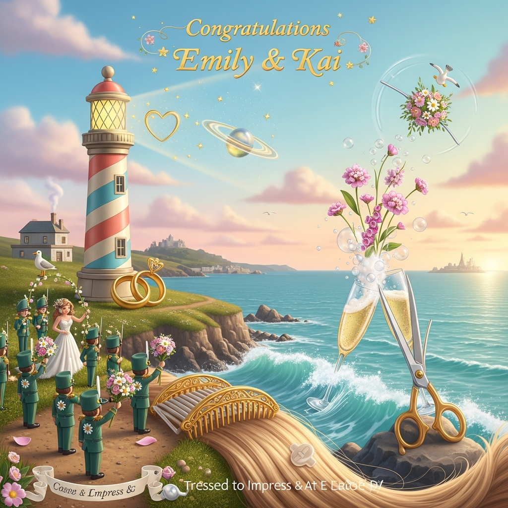 Hairdresser, army, flowers , champagne, Cornwall, , Spinning , and Wedding Card