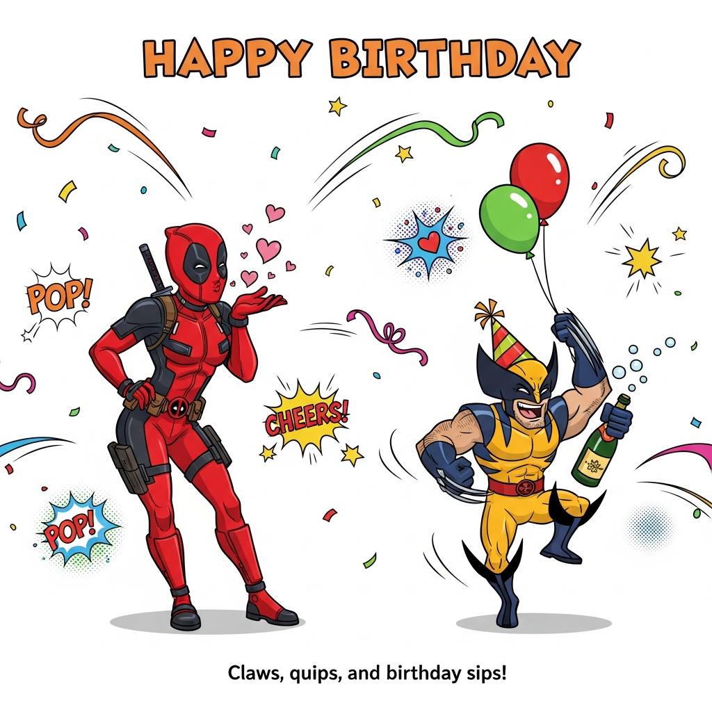 At the top of the Cartoon Style image, Happy Birthday

Clean white background with a big, bold, comic-style party vibe. Playful cartoon aesthetic with thick black outlines, bright saturated colors, and exaggerated, whimsical proportions. Left foreground: Deadpool in his red-and-black suit strikes a cheeky, feminine pin-up pose—one hip popped, one hand on the hip, the other hand blowing a heart-shaped kiss toward the viewer; playful eye-expression on the mask, little pink hearts and sparkles floating from the kiss. Right side: Wolverine mid-dance with bouncy motion lines, wearing a tilted party hat; one hand holds a bright balloon, the other hand clutches a champagne bottle with a tiny fizz of bubbles; huge grin, energetic footwork. Confetti and streamers arc across the scene, with comic halftone dots and starburst pops; cheeky party sound effects like POP! and CHEERS! tucked in small, colorful comic bursts. Even lighting, soft cel shading, and subtle drop shadows to pop the characters off the white background. At the bottom as a small caption in a fun, bubbly comic font: “Claws, quips, and birthday sips!”
Generated with these themes: .
Made with ❤️ by AI.