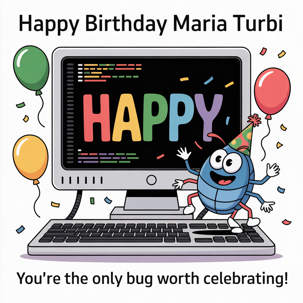 At the top of the image, "Happy Birthday Maria Turbi":

At the bottom of the image, "You're the only bug worth celebrating!"

- In the center of the image, create a cartoon-style scene with a computer monitor displaying code, with the word "Happy" written in colorful, exaggerated letters. A cheeky cartoon bug character with a party hat and a cheeky grin is joyfully dancing on the keyboard, surrounded by confetti and balloons.
Generated with these themes: Computers, coding, and .
Made with ❤️ by AI.