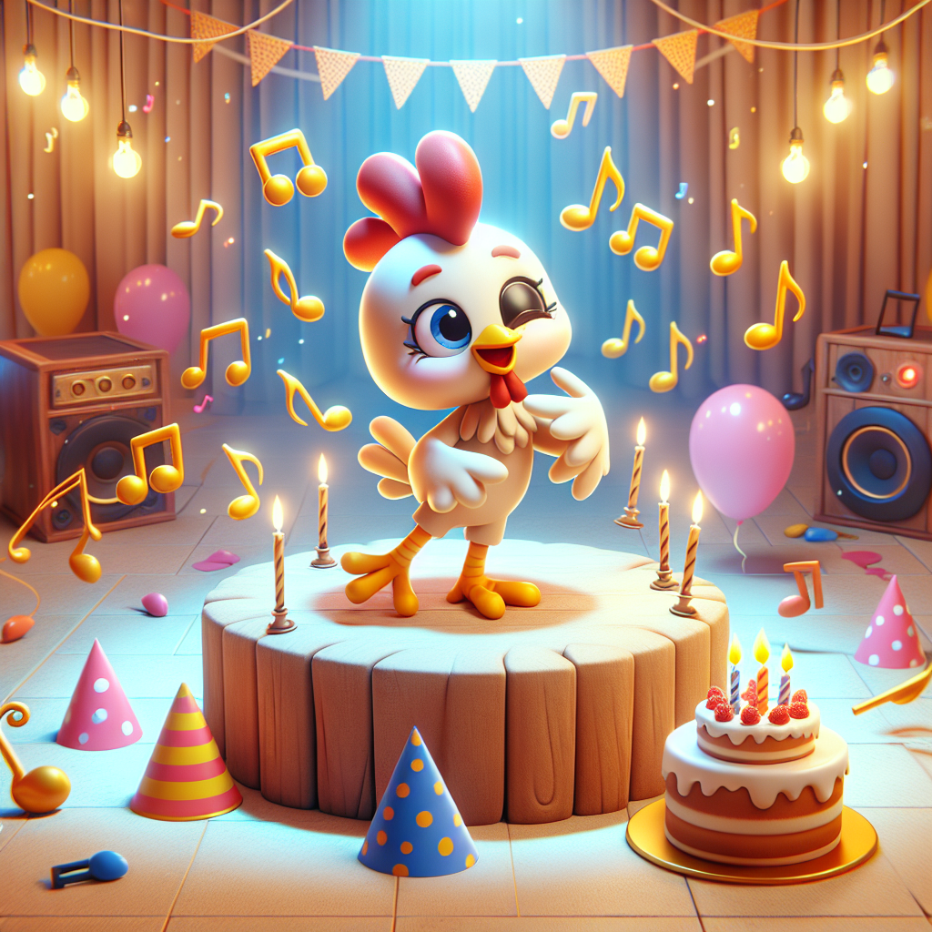 In this lovable animation-themed birthday celebration, an illustrated chicken takes center-stage, showing off its superior dance steps on an improvised dance stage. In the air, one can observe music notes and symbols circling around, symbolizing the ebullient music that maintains the party's energetic atmosphere. Festive hats, birthday cake topped with lit candles, and a dash of enchantment finalize the beautiful tableau that radiates a feeling of enjoyment and merriment.
Generated with these themes: Dancing , Music , and Chicken .
Made with ❤️ by AI.