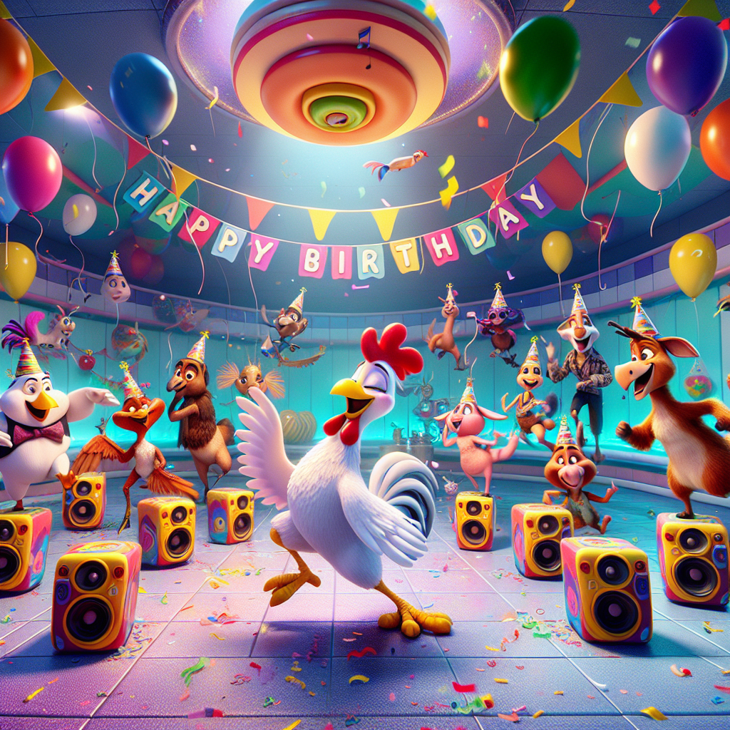 A vibrant and cheerful scene from a cartoon birthday party comes to life, filled with festive atmosphere. A whimsical chicken with a party hat stands at the center, leading a rhythmic conga line of a variety of animated animals, each with their own unique movements. The scene is filled with the melodies of an energetic tune that originates from the colorful speakers that are strategically placed in the space. Floating above them are balloons and falling confetti that create a joyful ambiance, while the background is adorned with lively streamers and a 'Happy Birthday' banner to perfectly capture the spirit of celebration.
Generated with these themes: Dancing , Music , and Chicken .
Made with ❤️ by AI.