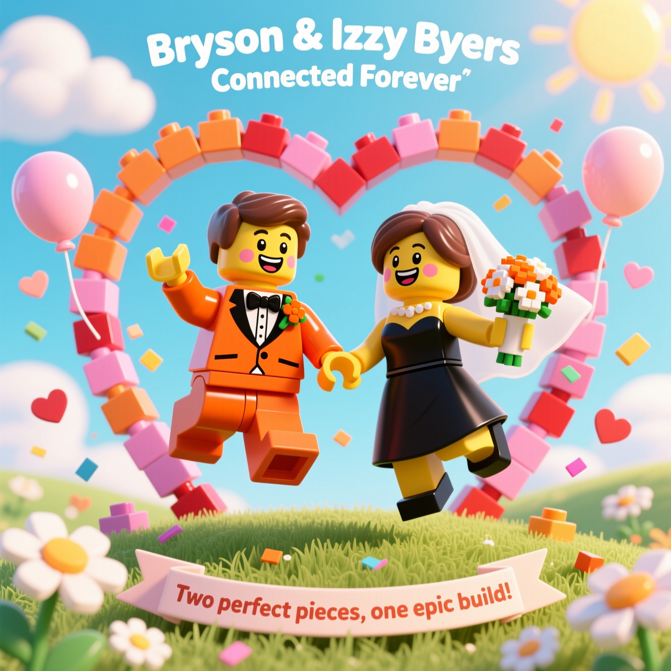 Lego Groom in burnt orange suite bride in black dress, and Wedding Card