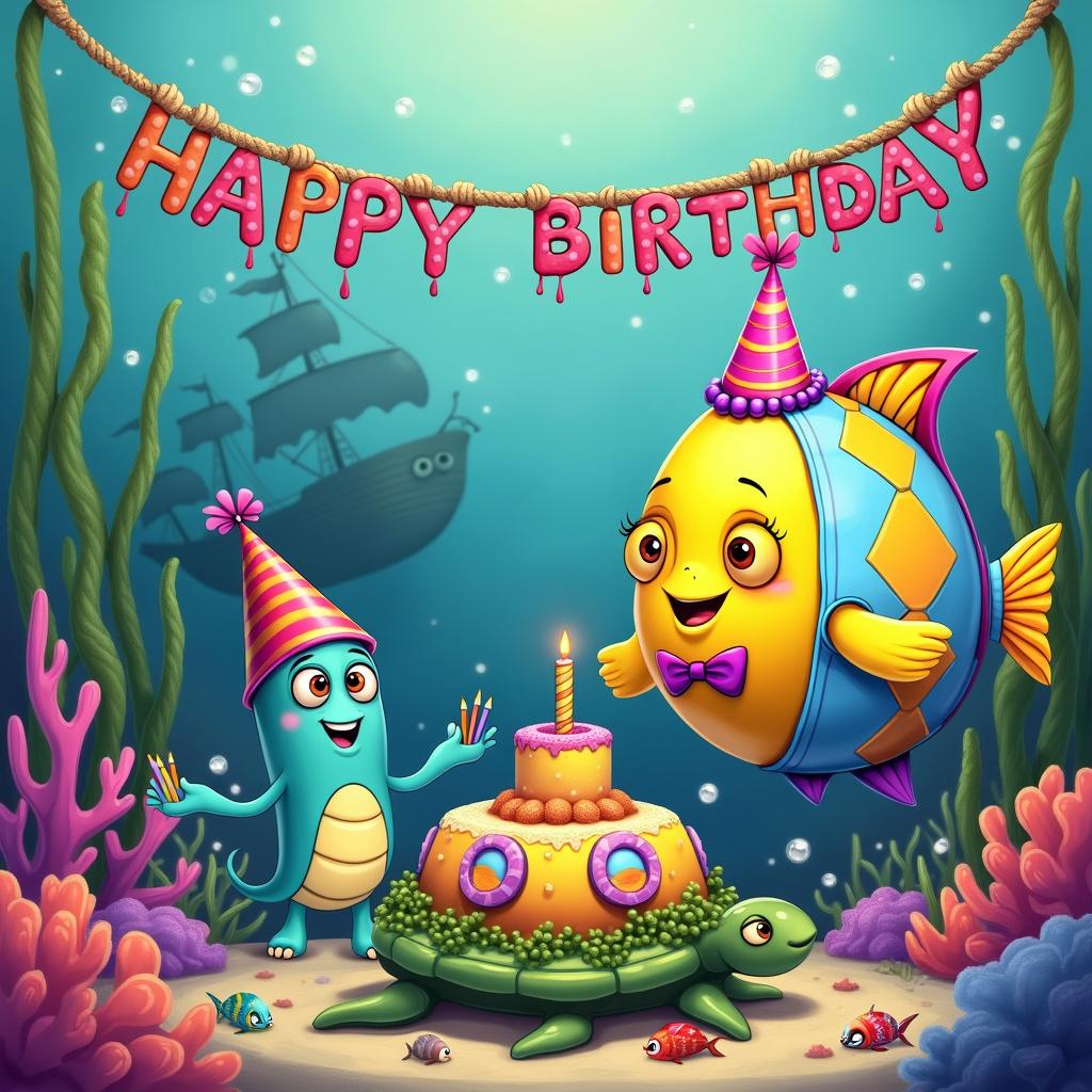 In a cozy corner of a cartoon coral reef, a rotund fish with a harlequin pattern of yellow and blue hosts a birthday party. The fish sports a small, pink, conical birthday hat secured with an elastic string, and a comical bow tie. On its left, a grinning octopus holds eight different colored pencils as if ready to sketch. A banner made from woven seaweed that spells out 'Happy Birthday' in bubble letters stretches across the top, anchored by two seashells on either side. Just beneath it, a cake resembling a submarine with frosting portholes and a candle perched atop a licorice periscope makes a humorous centerpiece on a table made of a flat, green sea turtle's shell. Around them, various fish don face masks of pirates and mermaids, while a sunken ship in the background creates an amusing hide-and-seek scene for smaller fish.
Generated with these themes: fish.
Made with ❤️ by AI.