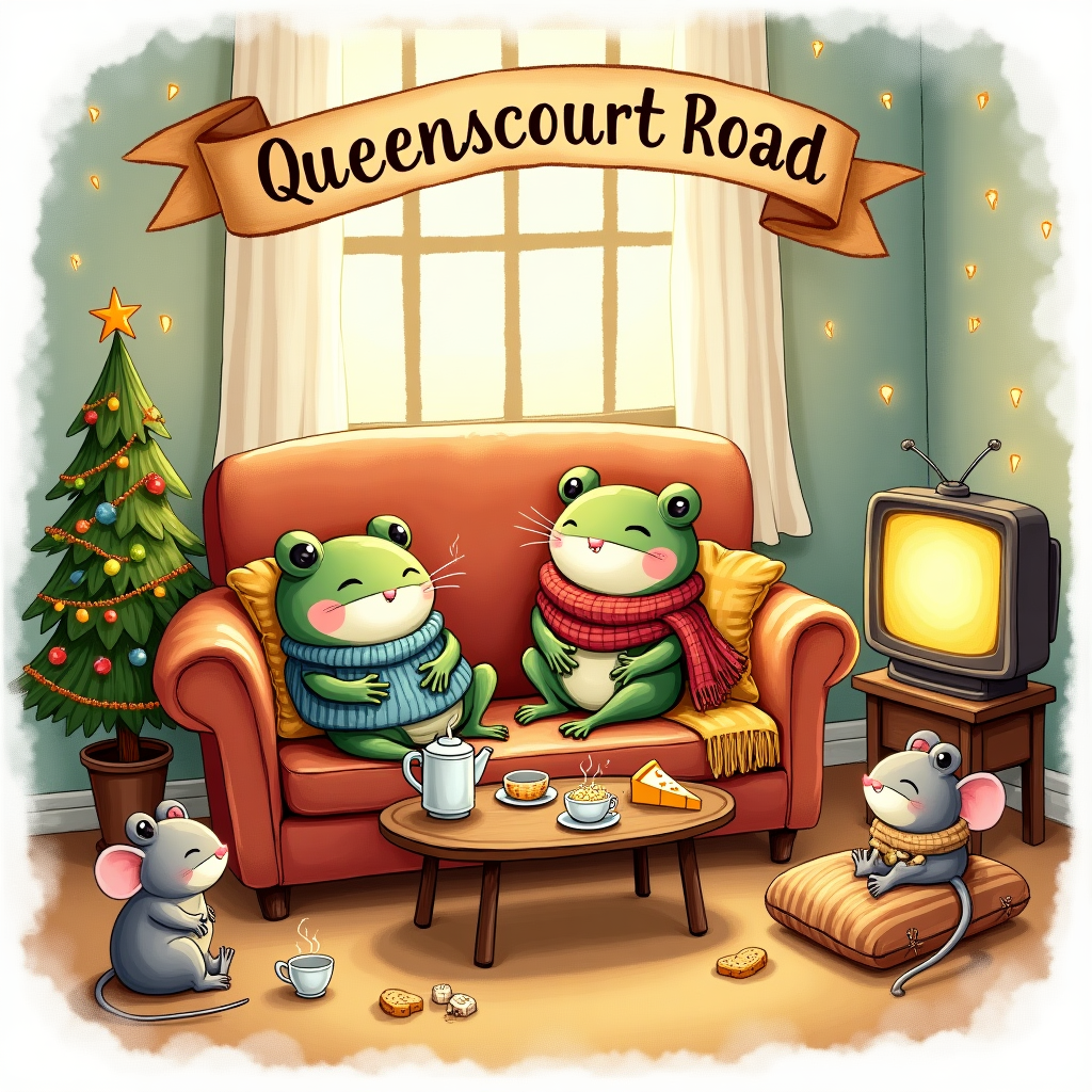 Cozy, cute farewell illustration in a hand-drawn style with fine linework and textured brush strokes. Portrait orientation, full-bleed. At the very top, a softly curved ribbon banner reads “Queenscourt Road” in warm hand-lettering. A snug living room scene: two frogs and one rat lounging together on a plush vintage sofa with knitted throws and patterned cushions; a second rat reclines on a matching chaise longue nearby. A low wooden coffee table holds a steaming teapot, teacups, and snacks (biscuits, popcorn, little cheese cubes). An old TV on a small stand glows gently (no text on screen). In the corner, a Christmas tree twinkles with colorful fairy lights, baubles, and tinsel. Warm lamplight and tree lights create a golden, inviting glow; subtle paper grain, watercolor-like washes; balanced composition. Characters are cute and expressive, with rosy cheeks and cozy scarves/sweaters. Palette: moss greens, cranberry reds, mustard yellow, teal, candlelit creams. At the bottom, add one small, playful hand-lettered caption: “Hop & squeak you later!” No logos or watermarks.
Generated with these themes: .
Made with ❤️ by AI.