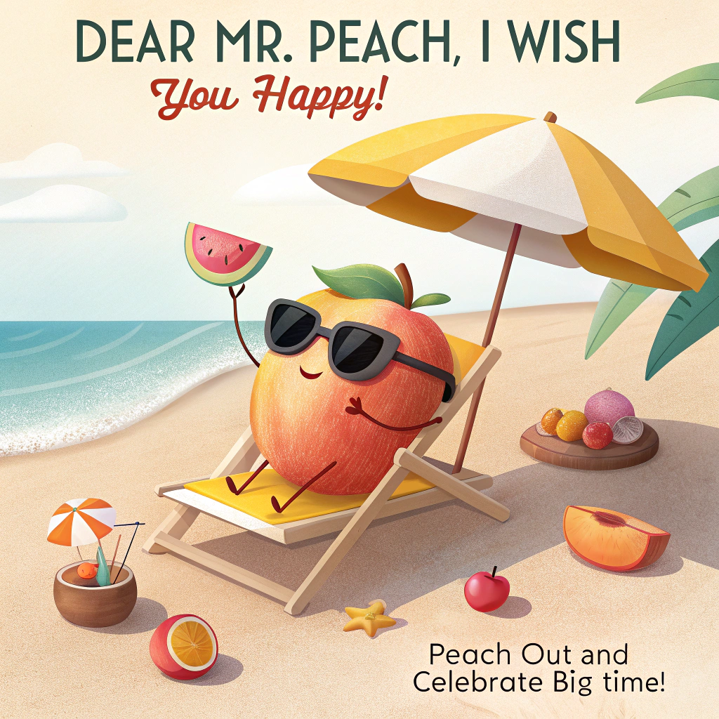 At the top of the image, "Dear Mr. Peach, I wish you happy!" 

- At the bottom of the image, add "Peach out and celebrate big time!"

- Illustrate a photorealistic scene featuring a peach wearing oversized sunglasses, lounging on a sunbed under a bright beach umbrella. The peach is surrounded by tiny, party-themed beach accessories, like mini surfboards and fruity cocktails, all captured in vivid, lifelike detail with the sun casting perfect shadows.
Generated with these themes: Photograph, and .
Made with ❤️ by AI.