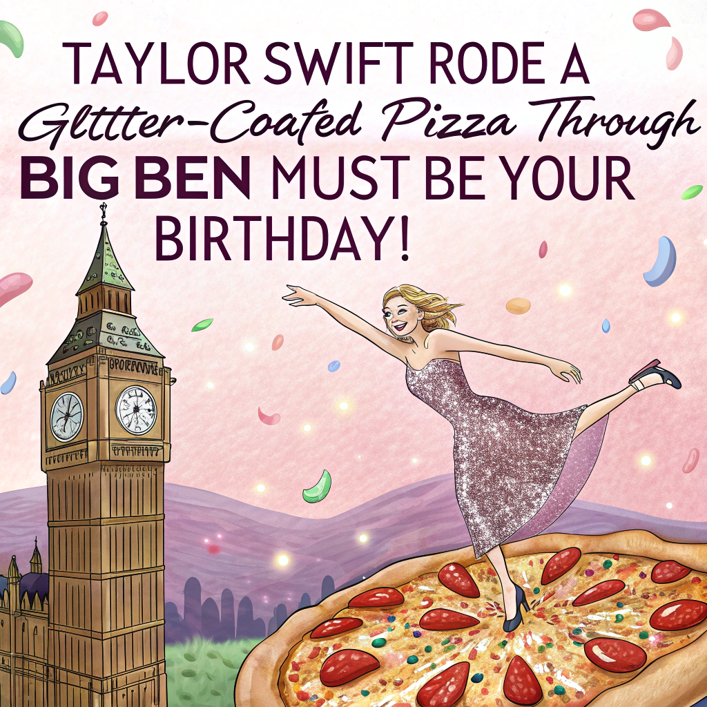 At the top of the image, "Taylor Swift rode a glitter-crusted pizza through Big Ben — must be your birthday!"

- In the center of the image, depict a cartoon-style surreal scene where Taylor Swift is wearing a dazzling, sequin-encrusted crystal gown and confidently surfing atop an enormous flying pepperoni pizza, slicing through a candy-floss sky above the London skyline.

- Big Ben is erupting like a party popper, shooting confetti and twinkling gemstones into the air, and its clock face is replaced with a vinyl record featuring Taylor's face.

- Surrounding her, clouds shaped like pizza crusts float serenely, with glowing crystal stalactites hanging from them like magical chandeliers.

- Down below, iconic London landmarks like the London Eye and Tower Bridge are partially made of melted cheese and sparkling amethyst.

- In the crowd beneath, pigeons in bowler hats are holding birthday balloons that spell out "SHAKE IT OFF... AND HAVE A SLICE!" in swirling, cheesy font.

- Use a dreamlike color palette: iridescent pastels mixed with vivid neons, creating a fun, eccentric, and surreal birthday atmosphere.
Generated with these themes: Taylor swift, Pizza, London, and Crystals.
Made with ❤️ by AI.