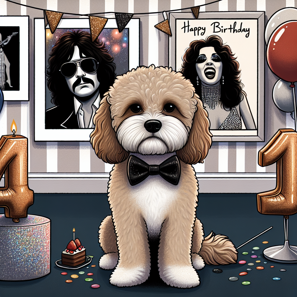 A cartoon scene where a dignified Cavapoo dog wears a poker face during its 41st birthday party. The party is embellished with low-key yet stylish decorations inspired by the glam rock era, showcasing elements of shimmer and contrast. Two '4' and '1' shaped balloons float above the dog, highlighting the contrast with its unamused expression. Artistic references from the glam rock era subtly permeate the room, lending an understated glitz to the tranquil celebration.
Generated with these themes: Aged 41, Cavapoo, Poker face, David bowie, and Balloon.
Made with ❤️ by AI.
