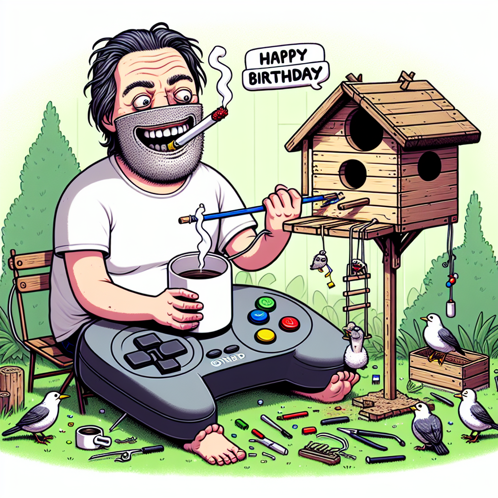 An image in a cartoonish style depicting a funny scenario set in a garden during a birthday. There is a person of unspecified gender and descent seated on a massive video game controller, attempting a DIY project. The person is constructing a birdhouse that strangely resembles a generic actor’s face. Nearby birds appear both puzzled and delighted. In one hand, the person is holding a huge coffee mug nearly as big as the controller, from which steam is whimsically forming the words 'Happy Birthday'.
Generated with these themes: Xbox, DIY, Gardening, Coffee, and Nicholas Cage.
Made with ❤️ by AI.