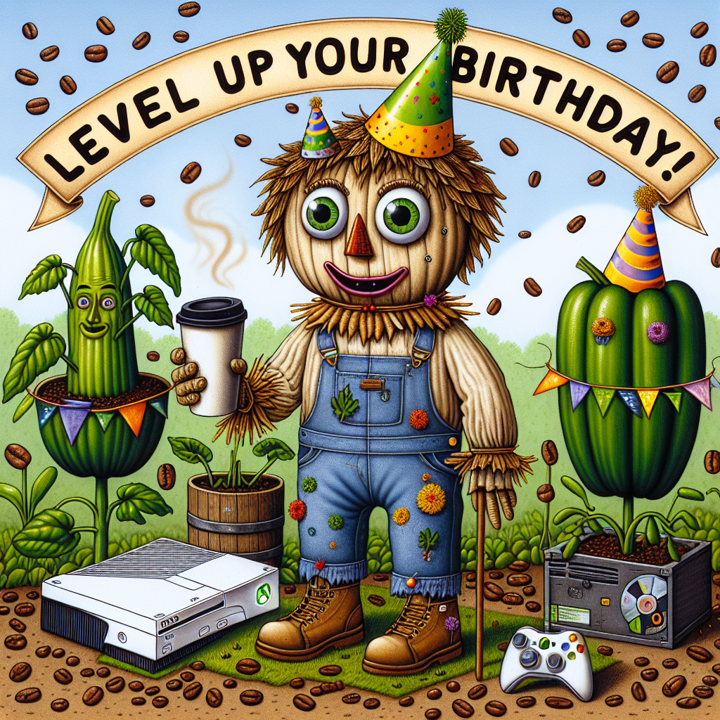 This whimsical birthday illustration presents a lively garden scene featuring larger-than-life vegetables adorning party hats. The main attraction is a humorous, life-sized scarecrow dressed in homemade garb, clutching a coffee cup. Instead of a celebrity's face, it has an over-exaggerated cartoon face with captivating eyes and a wide grin. Its distinctive feature is its uncannily realistic hair which looks like it's slightly windblown. Next to it, an Xbox console and game cases find a second life as unique plant pots, while game discs ingeniously double up as stepping stones. The scene is aptly titled 'Level Up Your Birthday!', the words surrounded by coffee beans scattered around like confetti.
Generated with these themes: Xbox, DIY, Gardening, Coffee, and Nicholas Cage.
Made with ❤️ by AI.