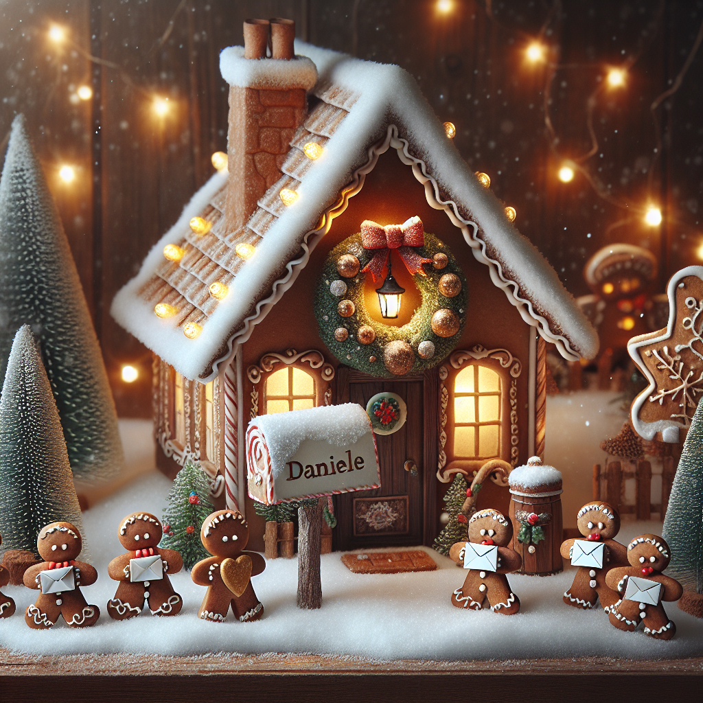 The illustration captures the essence of Christmas with a whimsical touch, showcasing a small cottage adorned with gleaming lights and a wreath bearing the name 'Daniele.' Delicate snowflakes gently fall, adding to the serene ambiance, as a family of gingerbread characters gathers by a candy cane mailbox, posting their holiday wishes.
Generated with these themes: Daniele .
Made with ❤️ by AI.