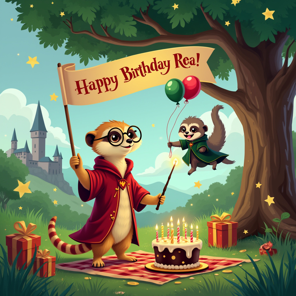 In the heart of a whimsical cartoon forest, a birthday celebration unfolds on a lush, green hill. A cute meerkat, donning a Gryffindor-style robe with gold and scarlet trim, stands on his hind legs. He is holding a wand aloft that has just conjured a sparkling banner in the air that reads, "Happy Birthday Rea!" in vibrant, shimmering letters. Beside him, a smiling sloth, clad in a Slytherin robe with silver and green accents, dangles lazily from a low-hanging branch of a majestic oak tree. Both are wearing tiny round glasses, an homage to the magical world they love. The meerkat's tail is wrapped around a small stack of birthday gifts, each box adorned with wizardly wrapping paper featuring stars, owls, and lightning bolts. The background is a playful nod to the Hogwarts landscape, with a silhouette of a castle turret peeking over the horizon. Scattered around are animated balloons with wings, reminiscent of golden snitches, gently bobbing in the gentle breeze. In the sky, fluffy clouds form whimsical shapes of mystical creatures like hippogriffs and house elves. At the base of the tree, a cake shaped like a wizard's hat sits on a picnic blanket, topped with sparkling candles that spell out "Rea." The scene captures the enchanting celebration between the two magical friends, amidst a backdrop that blends fantasy and charm, with subtle nods to the beloved wizarding world.
Generated with these themes: A cute meerkat is saying happy birthday to a cute sloth, They are both wearing Harry potter style robes, and They are both smiling .
Made with ❤️ by AI.