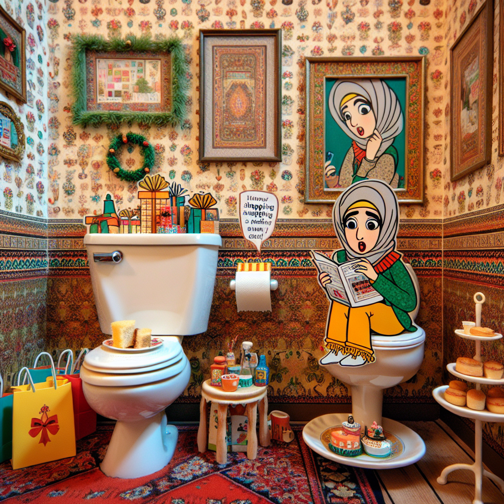 A quaint and comical bathroom scene sets the stage for an unexpected birthday celebration. The walls are adorned with wallpaper featuring festive designs that complement a quirky shopping-themed decor. A cartoon character, who can be distinctly recognized as a Middle-Eastern female, is humorously depicted examining her successful shopping spree whilst perched on the toilet. Nearby, a delightfully miniature tea set invites onlookers to a snack-filled celebration, skillfully intertwining the warmth of tea time with the indulgent nature of shopping, all tinged with the joyous spirit of a birthday. The scene depicts a clever mix of coziness, humor, and indulgence.
Generated with these themes: Shopping, tea, snacks in the toilet.
Made with ❤️ by AI.