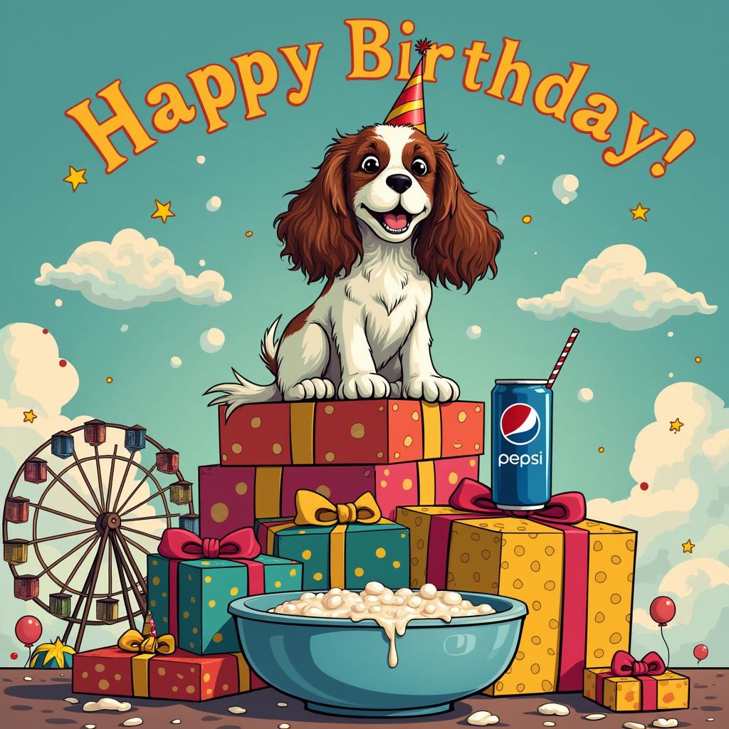 In the center of the card, a cheerful Cavalier King Charles Spaniel with flowing, silky fur is sitting atop a towering, colorful pile of birthday presents. These presents are wrapped in vibrant paper adorned with various patterns, including polka dots, stripes, and stars, stacked in a whimsical, cartoonish manner reminiscent of Charles Schulz's Peanuts style. The Spaniel, with its ears flopping to the sides and a wide, joyous grin, sports a party hat that is slightly askew, adding a touch of playful mischief. To the right of this delightful pile, a shiny bowl filled with Pepsi Max sits, with bubbles frothing at the top and a tiny, old-fashioned straw sticking out, echoing the detail-oriented style of Bill Watterson's Calvin and Hobbes. Above the scene, fluffy clouds in an animated sky form the cheerful message "Happy Birthday Andrew!" in a style reminiscent of Hergé's clear line from Tintin, creatively ensuring the recipient's name is prominently displayed. Scattered around the base of the presents are comic-style elements, like a cheeky, smiling moon and stars, inspired by Winsor McCay’s Little Nemo in Slumberland. These playful details, along with the Spaniel's expressive eyes and the dynamic angles of the scene, nod to Osamu Tezuka's manga techniques. The background features a subtle, vintage carnival scene, complete with a Ferris wheel and balloons, inspired by R. Crumb's detailed and intricate backgrounds, adding depth and a touch of nostalgia to the overall composition.

Generated with these themes: Photo concept of a Cavalier King Charles Spaniel sitting atop a pile of birthday presents with a bowl of Pepsi Max nearby. 
Made with ❤️ by AI.