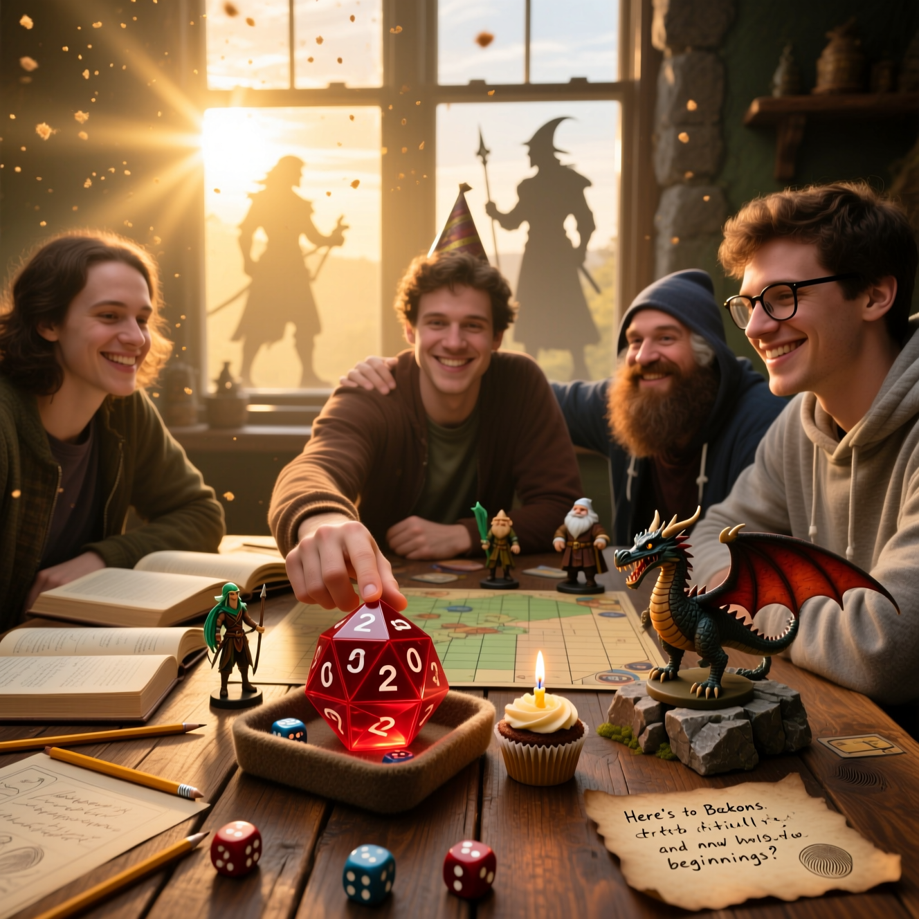Role-playing board games; geeky players; fantasy characters, and Birthday Card