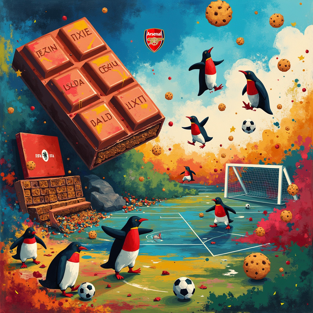 In the center of the greeting card, imagine a vibrant abstract field divided into a geometric patchwork of colorful blocks reminiscent of Mondrian's iconic style. Each block is filled with dynamic, swirling lines in the spirit of Jackson Pollock, incorporating vibrant reds, blues, and yellows. Within this patchwork, there's a whimsical soccer match unfolding with penguins as the players, each donning an Arsenal FC jersey in shades of crimson and white.

On the top left corner, a giant chocolate bar, rendered with rich, textured layers like a Rothko painting, melts into a pixelated waterfall of cascading chocolate squares. These squares transform mid-air into retro video game sprites, reminiscent of early FIFA video game graphics, complete with pixelated soccer balls and miniature pixelated goalposts.

Adjacent to this chocolate cascade, floating cookies in various abstract shapes (triangles, circles, and squares) soar across the sky like Miró's playful cosmic symbols. These cookies are being kicked around by penguin players, with a few penguins executing mid-air bicycle kicks and others defending goals made from oversized game controllers with the FIFA logo.

The background sky is a dynamic swirl of blues and whites, much like the expressive brushstrokes of de Kooning, interspersed with faint, minimalist grids and lines inspired by Agnes Martin. This background also features twinkling stars that are actually tiny, glowing Arsenal FC logos, adding a touch of fandom to the surreal cosmos.

In the bottom right, there's a large, beautifully rendered computer screen, split in half with one side displaying an ongoing FIFA soccer game and the other half showing an interactive chocolate chip cookie recipe, blending culinary delight with gaming. Surrounding this screen are scattered paint splatters in neon colors, echoing Cy Twombly’s energetic scribbles, hinting at the chaotic joy and creativity of the scene.

To tie it all together, a gentle overlay of translucent, geometric shapes inspired by Malevich’s suprematist compositions adds depth and structure to this fantastical birthday celebration.
Generated with these themes: Penguins, Soccer, Computer games, FIFA, Chocolate , Cookies , and Arsenal FC.
Made with ❤️ by AI.