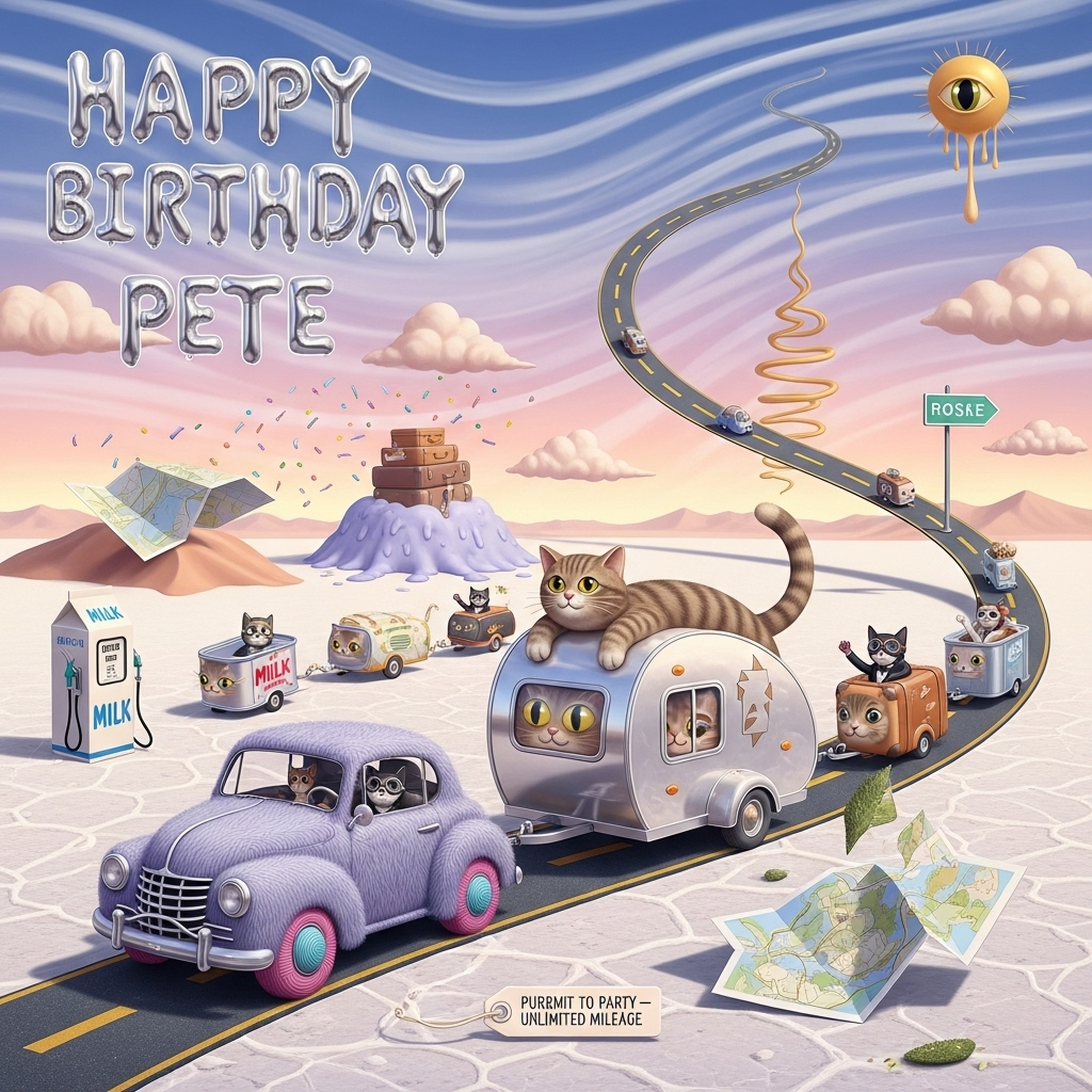 Cats, trailers, cars, travel, and Birthday Card