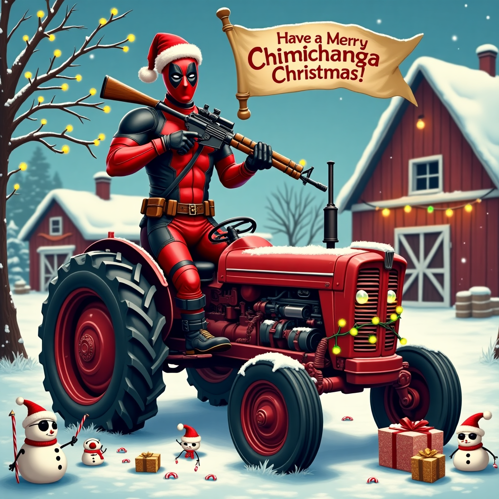 In this whimsical and action-packed Christmas card scene, we find Deadpool at the center of a wintery farm landscape. The background is a snow-draped, picturesque countryside with frosted trees and a barn sporting holiday lights that twinkle in the evening dusk. Deadpool, clad in his signature red and black suit with an added festive Santa hat perched jauntily on his head, stands confidently atop a shiny red tractor. The tractor is a vintage model, boasting big, chunky wheels and a prominent grille, its cherry red paint glistening with a light dusting of snow. Balanced comically across his shoulder is an AR-15, wrapped in a string of colorful Christmas lights that twinkle in sync with the barn lights. The scene is bustling with holiday mischief, as nearby, a group of snowmen, wearing tiny eye patches and holding toy swords, mimic a motley pirate crew, clearly part of Deadpool's playful antics. Strewn around the base of the tractor are scattered candy canes and a couple of mischievously placed Christmas presents. Above, a banner flutters with the message "Have a Merry Chimichanga Christmas!", completing this delightfully chaotic holiday tableau.
Generated with these themes: Deadpool , AR-15, and Red tractor .
Made with ❤️ by AI.