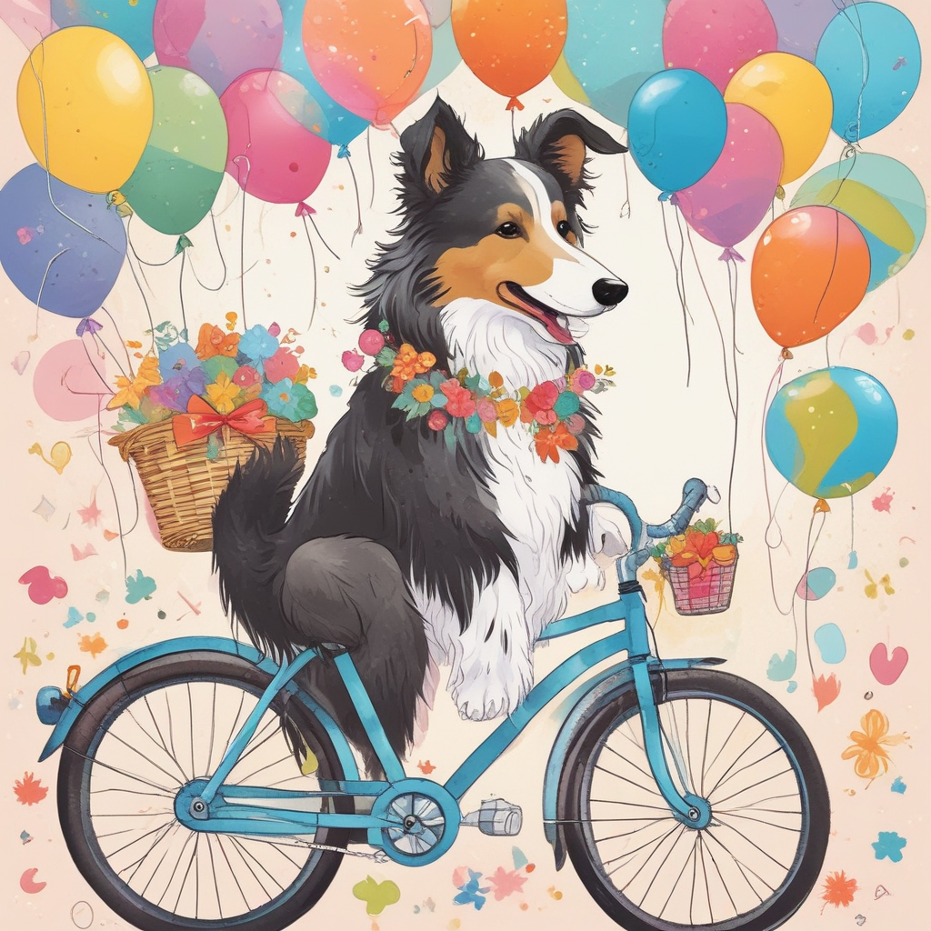 Illustration Cute, Generate a whimsical anniversary illustration of a charming Collie with a luscious, fluffy coat. The Collie is joyfully sitting inside a wicker bicycle basket, wearing a festive bow to mark the occasion. There are streamers flowing from the bike's handles, and a multitude of balloons are tied to the bike's saddle. The bike and the dog are set against a background sprinkled with hearts. Above them 'Happy Anniversary' is written in elegant, cursive letters.
Generated with these themes: Anniversary, Collie, and Bikes.
Made with ❤️ by AI.