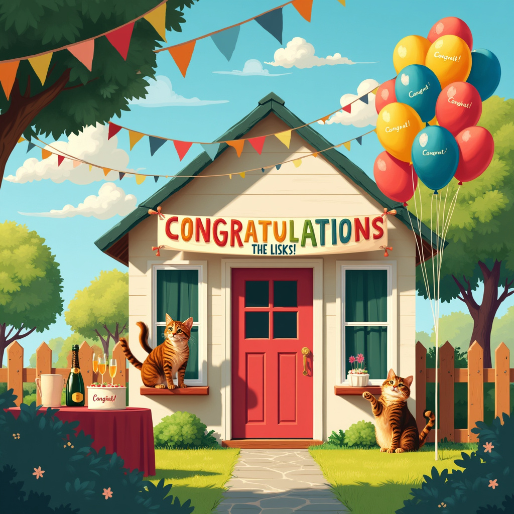 New Home, Two Tabby cats, Champagne, Congratulations, Balloons, and Bunting Congratulations Card