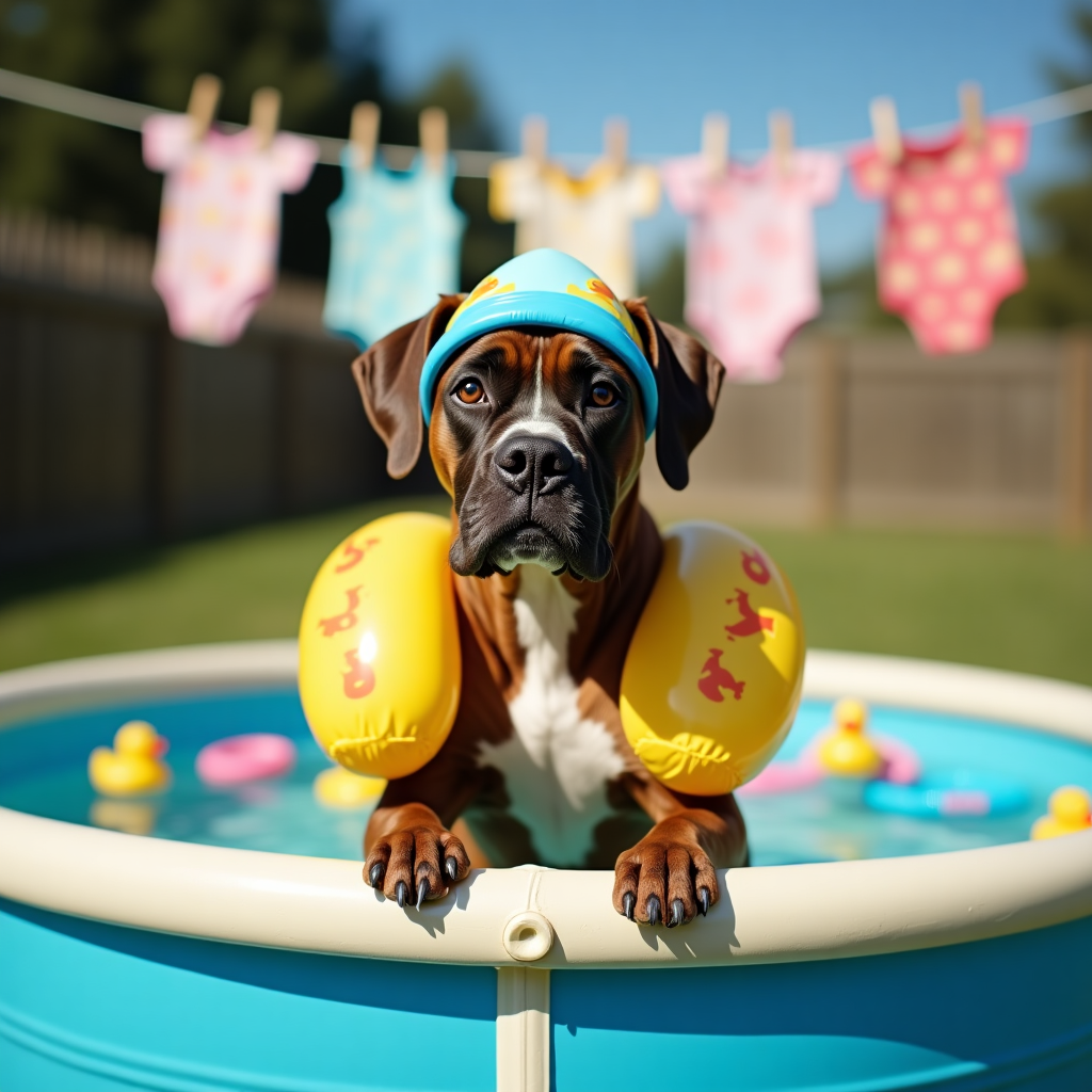 At the top of the realistic photograph image: "Sigma, you’re gonna need a bigger rubber ducky!"

Prompt for the image:  
A high-resolution, realistic photograph of a wide-eyed boxer dog wearing inflatable arm floaties and a baby swim cap, awkwardly perched on the edge of a kiddie pool. The pool is overflowing with rubber ducks, pool noodles, and baby toys. In the background, there’s a clothesline hung with tiny baby swimsuits and bibs, blowing in the summer breeze. The boxer’s expression is both proud and mildly concerned, as if he's been promoted to lifeguard duty for Baby Sigma’s big splash debut. Bright daylight, clear blue sky, and the overall vibe is cheerful, goofy, and playfully chaotic—perfect for celebrating a new baby with a good laugh.
Generated with these themes: Boxer dog, and Swimming.
Made with ❤️ by AI.