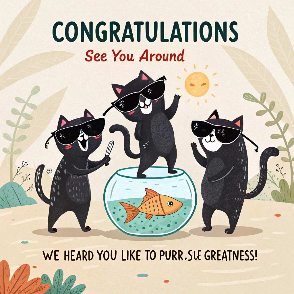 At the top of the image, "Congratulations - see you around":

- In the center, create a playful cartoon scene of a group of black cats, each sporting oversized sunglasses and mischievous grins, standing in a circle around a comically exaggerated fishbowl.

- Add at the bottom of the image, "We heard you like to purr-sue greatness!"
Generated with these themes: Black cats, and .
Made with ❤️ by AI.