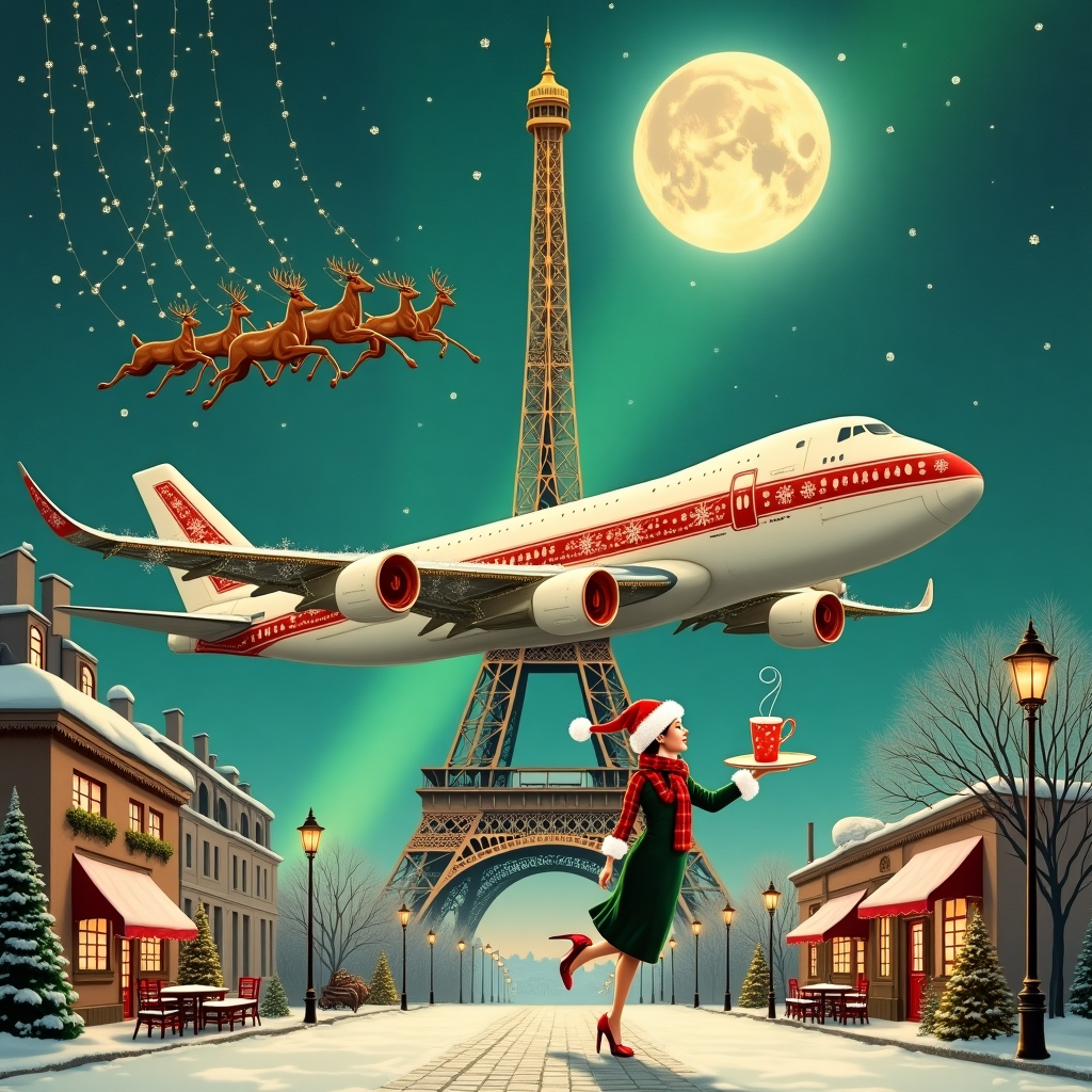 On the front cover of the surreal Christmas card, imagine a dreamlike scene set against the backdrop of an enchanted Paris. The Eiffel Tower looms majestically, but in a twist of whimsical creativity, its iron lattice is decked with strings of twinkling Christmas lights and oversized ornaments that shimmer in hues of red and gold. The tower itself is adorned like a Christmas tree, with a gigantic golden star perched at the very top. In the foreground, a vintage airplane hovers mid-air, its wings transformed into extended Santa Claus sleighs, complete with reindeer taking flight. The airplane's fuselage is painted with intricate patterns of snowflakes and holly leaves, echoing a festive spirit.

Gracefully stepping out of the cockpit is a flight attendant, embodying a blend of retro chic and holiday magic. Her uniform is a playful nod to the classic airline style, with a twist—her hat is fashioned to resemble a Santa hat, complete with a fluffy white pom-pom, and her scarf is a vibrant red and green plaid. In her hands, she balances a tray, but instead of the usual airplane fare, it carries miniature Eiffel Towers made of gingerbread and a steaming cup of cocoa, adorned with a peppermint candy cane.

In the skies above, a celestial aurora, in shades of emerald and sapphire, dances across the horizon, framing the scene with an ethereal glow. Tiny snowflakes drift lazily down, each flake uniquely detailed, adding a frosty touch to this surreal holiday tableau. Beneath the hovering plane, a quaint Parisian street can be glimpsed, its cobblestones dusted with snow and lined with cafes where patrons toast with mulled wine, all under the watchful, whimsical eye of a Christmas moon that hangs large and low, casting a soft, silvery sheen over the city of lights.
Generated with these themes: Airplane, Paris, Christmas, and Flight attendant .
Made with ❤️ by AI.