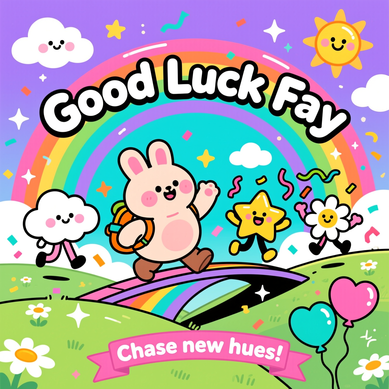 At the top of the Cartoon Style image, Good Luck Fay

A full-bleed, cute, high-energy cartoon scene: a giant, candy-bright rainbow arcs across a turquoise-to-lavender sky filled with puffy kawaii clouds, twinkly stars, and a smiling sun. In the foreground, a chubby, big-headed critter (round-cheeked bunny or bear), with shiny eyes, tiny backpack, and rubber-hose limbs, waves goodbye while stepping onto the rainbow like a bridge to new adventures. Friends-as-characters (a giggly cloud, a beaming star, a daisy with a face) bop and bounce, tossing confetti and streamers, all in whimsical, energetic poses. Rolling lime-green hills dotted with simple daisies sit at the bottom, with sparkles and heart-shaped balloons drifting upward. Thick black outlines, bold shapes, and ultra-saturated colors (bubblegum pink, sunshine yellow, tangerine, aqua, lime, lavender). Soft cel-shading with glossy highlights, gentle glow around the rainbow, and playful motion lines for extra pep.

Text styling:
- “Good Luck Fay” is set in chunky rainbow-gradient bubble letters, thick white outline, subtle drop shadow, slightly arced to echo the rainbow, with tiny star and sparkle accents tucked between letters.
- Add a small, cheeky caption at the bottom on a curved ribbon banner (magenta with white outline): “Chase new hues!”
Generated with these themes: Rainbows , and .
Made with ❤️ by AI.