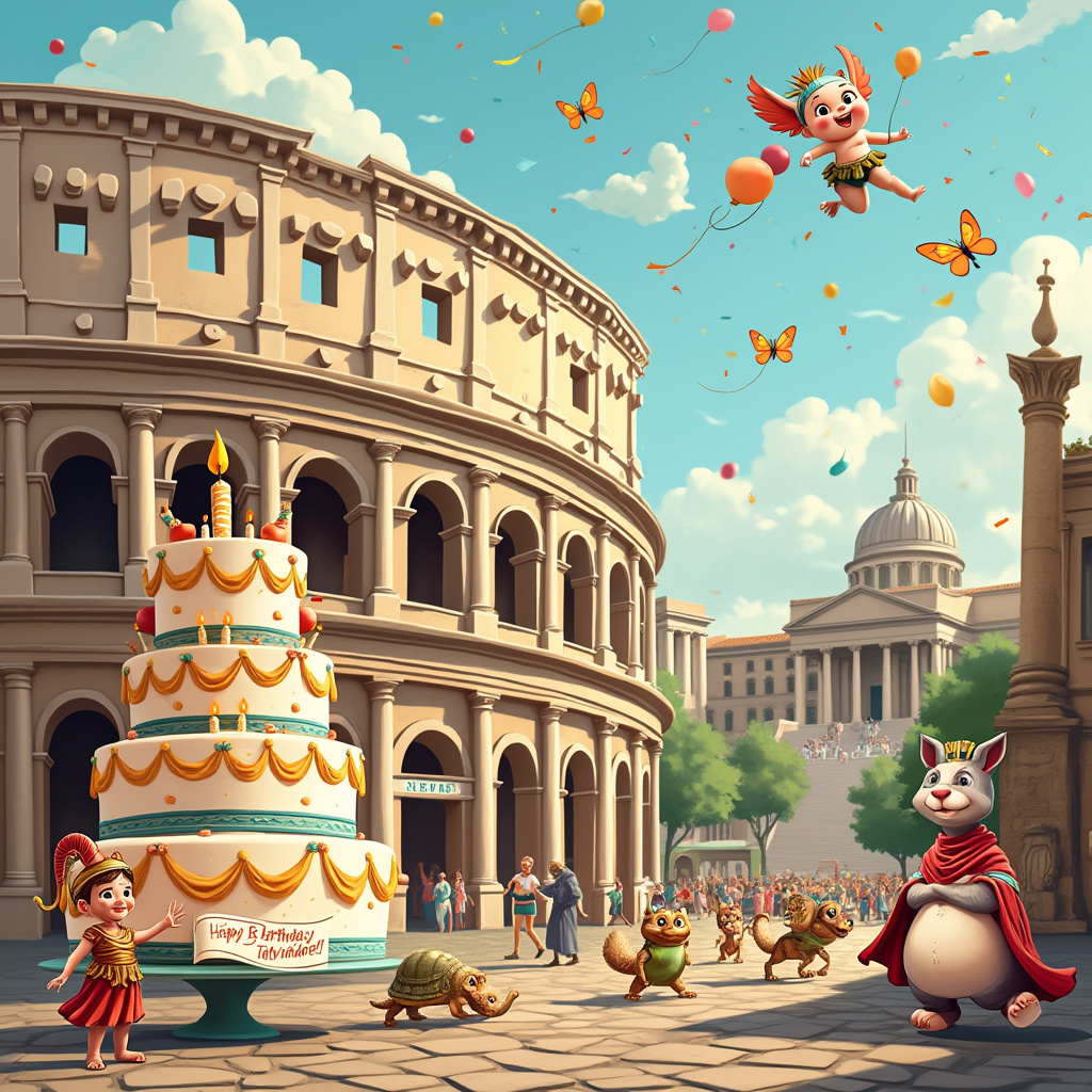 In this whimsical birthday card scene, a cartoonishly animated version of ancient Rome is bustling with vibrant activity. Picture a cobblestone Roman street bustling with lively characters and quirky twists. To the left, the iconic Colosseum is humorously repurposed as an enormous layered birthday cake, with gladiators replaced by jolly jesters juggling colorful birthday balloons. In front of the Colosseum, a cheeky centurion, with a plumed helmet and a Roman toga, presents a scroll with "Happy Birthday Talvinder!" inscribed in grand, calligraphic letters, adding a regal touch to the greeting. 

To the right, a playful parade of Roman citizens and toga-wearing animals – think squirrels in tunics and turtles in laurels – march past the Pantheon. They carry oversized birthday candles and sing an exaggerated operatic rendition of "Happy Birthday." A mischievous Roman cat with a laurel wreath naps atop a sun-drenched column, batting lazily at a nearby butterfly that flutters through the scene.

In the sky above, fluffy clouds form playful Roman-style script, spelling out "Talvinder," as a cheerful cherub with wings and a tiny lyre floats by, smiling down. The ancient aqueduct arches in the background are humorously transformed into a long line of frothy fountains, each one erupting with confetti and sprinkles, adding to the festive air. 

The Trevi Fountain is cheekily repurposed as a giant punch bowl, with a playful baby elephant using its trunk to fill the cups of toga-clad partygoers. Amidst the lively chaos, a cartoon gladiator, wielding a birthday candle instead of a sword, pretends to duel with an over-sized pinata shaped like an ancient Roman chariot. This scene is a delightful mix of historical charm and birthday merriment, perfectly capturing the spirit of "Talvinder's" special day in a unique and entertaining way.
Generated with these themes: Rome sites.
Made with ❤️ by AI.