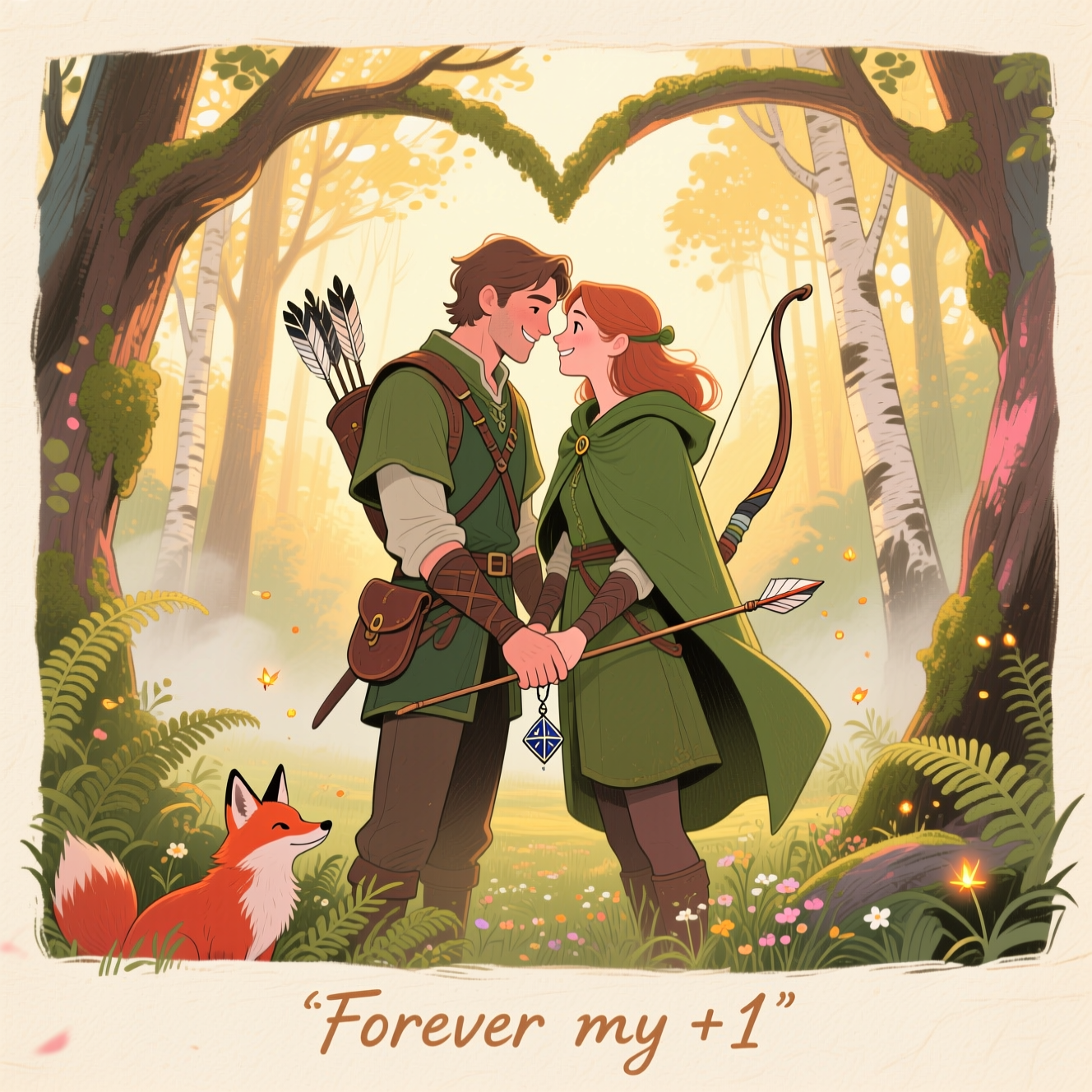 Hand-drawn illustration, fine linework and textured brush strokes, warm expressive palette. Vertical, image-first composition. In a sun-dappled forest glade at golden hour, two adult D&D-inspired rangers—one male, one female—stand close in a tender, romantic pose: foreheads nearly touching, gentle smiles, hands entwined around a single arrow adorned with a tiny dangling d20 charm. Their forest-green cloaks overlap into a subtle heart shape, bows slung across their backs, quivers with feathered fletchings catching warm light. The woods cradle them: arched oaks and birch trunks forming a natural frame, ferns and wildflowers at their feet, soft mist, drifting fireflies and floating pollen motes, a curious red fox peeking from the ferns. Balanced composition with shallow depth of field—soft, painterly background; crisp figures with delicate pencil-and-gouache textures on lightly grained paper. Color story: moss and pine greens, honeyed amber sunbeams, umber bark, rosy blush highlights on skin. Cozy, whimsical, deeply romantic. Add a small, hand-lettered caption at the bottom in warm cream ink (subtle, not dominating): “Forever my +1”. No other text or logos.
Generated with these themes: DND male female rangers in love in the woods, and .
Made with ❤️ by AI.