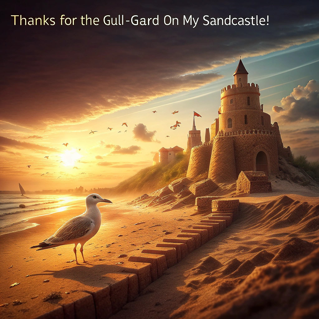 At the top of the image, add: "Thanks for the gull-guard on my sandcastle!"

Ultra-high-definition 4K UHD photograph, portrait orientation. Golden-hour beach scene with accurate natural lighting and rich depth of field. Low, eye-level camera close to the sand (50mm lens look, f/2.8, ISO 100, 1/800s). Foreground: a meticulously sculpted sandcastle with crisp edges, shell trim, and a tiny red flag; grains of damp sand sparkle in the sunlight. Right beside it, a photorealistic seagull stands proudly, head slightly tilted with a cheeky, friendly “smile,” chest puffed like a vigilant guard. The gull’s feathers show lifelike texture and soft rim light. Nearby: a small plastic shovel half-buried and a few pebbles for scale. Background: gentle waves and horizon softly blurred, a couple of distant gulls bokeh’d in the sky. Color grading is warm and natural, with realistic shadows and highlights. On-image text styling: large, bold, clean sans-serif in bright white, centered at the very top with a subtle soft shadow for legibility; no other text, no logos, no watermarks, strictly photorealistic (no CGI or illustration).
Generated with these themes: Seagull smiling sandcastle, and .
Made with ❤️ by AI.