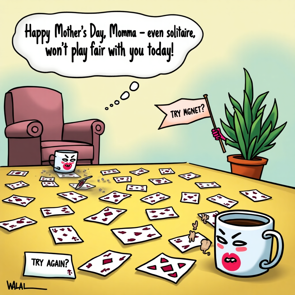 **At the top of the cartoon image:** "Happy Mother's Day, Momma — even solitaire won't play fair with you today!"

**Prompt for the image:**

A brightly colored cartoon scene of a kitchen table strewn with cards from a failed game of solitaire — the cards have cartoon faces and are visibly laughing, some rolling on their backs, holding their sides. A half-drunk mug of coffee with lipstick on the rim looks stunned. Nearby, a note written in fridge magnet letters says “TRY AGAIN?”. A defeated chair is pushed back like someone stormed off. In the background, a houseplant is holding a little victory flag, like it won the game instead. The whole image exudes chaos, mischief, and humor, celebrating Momma’s epic (and totally unfair) defeat by a deck of smug playing cards.
Generated with these themes: losing in solitaire playing on a table .
Made with ❤️ by AI.