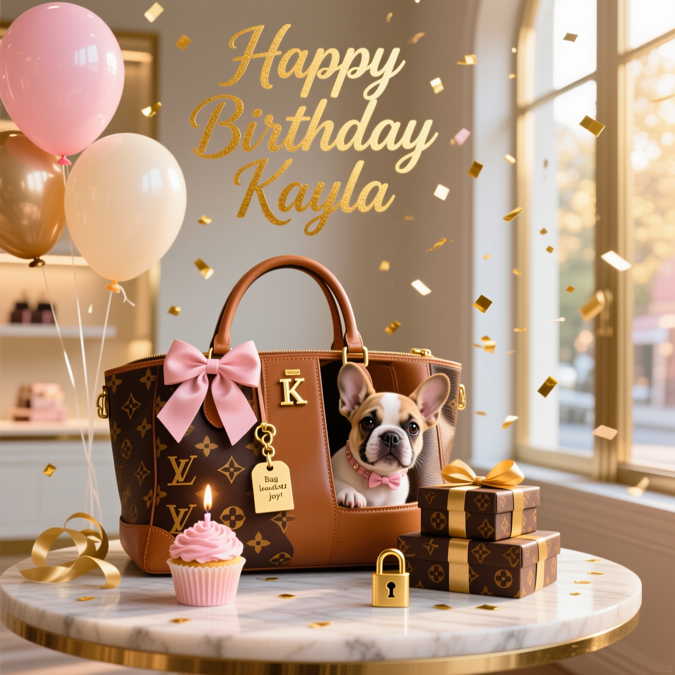 At the top of the Photorealistic picture taken from a camera image, "Happy Birthday Kayla" in elegant gold-foil script, centered with a soft shadow.

Ultra-high-definition 4K UHD realistic photograph in a cute, celebratory mood, Louis Vuitton–inspired luxury aesthetic: a sunlit boutique interior with a marble tabletop beside a tall window; centerpiece is a caramel-brown leather tote showcasing a classic brown-and-gold monogram pattern (floral/star motifs) reminiscent of Louis Vuitton, rich leather grain, polished gold hardware, a blush-pink satin bow on the handle, and a small gold “K” charm; a tiny French bulldog puppy peeks from the open tote, bright eyes and perky ears, wearing a petite bow collar; stacked matching monogram gift boxes tied with gold ribbon; pastel helium balloons (blush, cream, nude) drifting overhead; a dusting of gold confetti and ribbon curls; a single cupcake with pale pink frosting and a miniature gold padlock-shaped candle lit. Warm golden-hour window light with subtle bounce fill, soft highlights on gold hardware, delicate shadows; shallow depth of field with creamy bokeh, subject tack-sharp and background softly blurred. Shot on a full-frame DSLR at eye level (85mm lens, f/1.8, ISO 200, 1/200s). Color palette of caramel, blush, cream, and gold; lifelike textures and clean negative space above for the headline. Small extra caption integrated as a gift tag tied to the tote handle in tiny gold sans-serif: "Bag loads of joy!"
Generated with these themes: Louis vitton, and .
Made with ❤️ by AI.