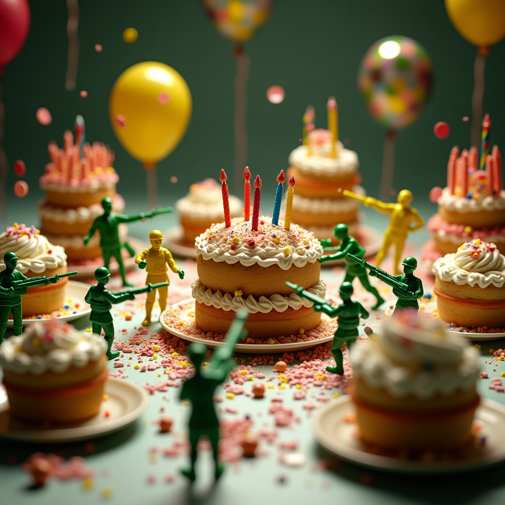 **Prompt for AI Image Generation:**

At the top of the realistic photograph image, **"Happy Birthday, AMIR ABBAS – The Battle of the Birthday Cake Begins!"**

Create a hyper-realistic, funny photograph featuring a chaotic birthday-themed battlefield on a tabletop, where classic green and yellow toy army men are locked in a hilarious “cake war.” The scene includes miniature tanks made from upturned teacups, cupcake artillery firing rainbow sprinkles, and army men diving behind stacked cookie barricades. In the middle, a massive, half-destroyed birthday cake stands as the battleground centerpiece—complete with blown-out candles and frosting explosions.

The green and yellow factions are comically serious, some using forks as spears and plastic spoons as shields. A tiny green general with frosting smeared across his face holds a crumpled birthday invitation as a battle plan. Balloons, spilled punch, and confetti debris litter the scene, adding to the absurdity of the tiny plastic warfare.

Use dramatic lighting and a shallow depth of field to make it look like a serious war documentary—but with totally silly content. Think of it as "Saving Private Cupcake." Make sure AMIR ABBAS’s name is clearly associated with the chaos of this ridiculous birthday showdown.
Generated with these themes: Army men toys green vs yellow, and War.
Made with ❤️ by AI.