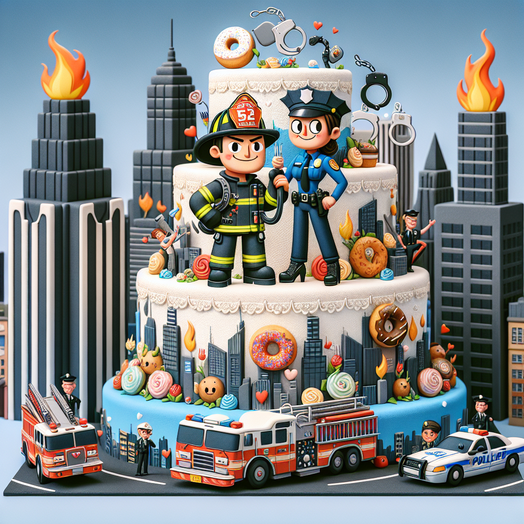 An illustrated, vibrant and amusing wedding scene featuring a male firefighter of Hispanic descent, dressed in his firefighting gear. He is adorned with a helmet and a humorously oversized hose is casually tossed over his shoulder. Standing beside him is a Caucasian female police officer in her navy-blue uniform, brandishing a mini handcuff bouquet with a smirk. They are standing atop a massive cartoon-style wedding cake designed to mimic a cityscape, playfully garnished with tiny illustrated flames and donuts on various levels. In the backdrop, a fire truck and a police car decorated with wedding arrangements, and cans creating a festive clatter, add to the whimsical atmosphere.
Generated with these themes: A male firefighter marrying a female police officer funny cartoon .
Made with ❤️ by AI.