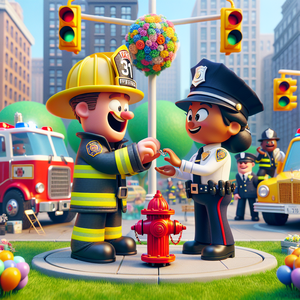 In a bright and colourful animated city park, a wedding ceremony is taking place. A Caucasian male firefighter, clad in a quirky and oversized firefighting gear, is seen exchanging rings with a Hispanic female police officer. Her uniform is depicted in a light-hearted style, adorned with a floral arrangement of miniature badges and whistles. In the background are their respective vehicles, a festively decorated fire engine and police car bearing 'Just Married' signs. Both characters are shown with exaggeratedly big grins. Adding to the whimsical atmosphere, the surrounding fire hydrant and streetlight are personified as groomsmen and bridesmaids, elegantly dressed for the occasion.
Generated with these themes: A male firefighter marrying a female police officer funny cartoon .
Made with ❤️ by AI.